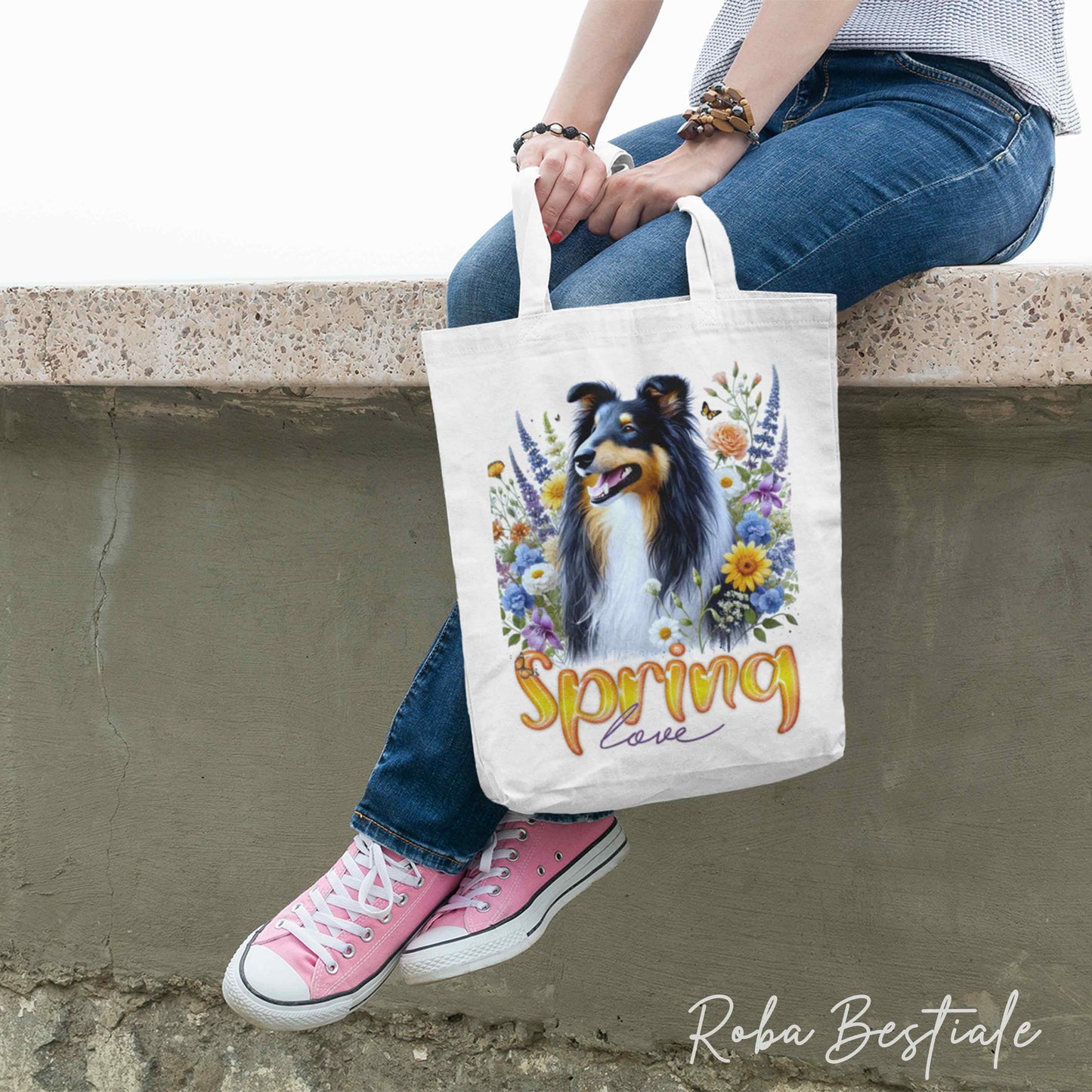 SPRING LOVE Shopper - Long-Haired SCOTTISH SHEPHERD DOG, Black Tricolor - Various Colors Available, 100% Cotton