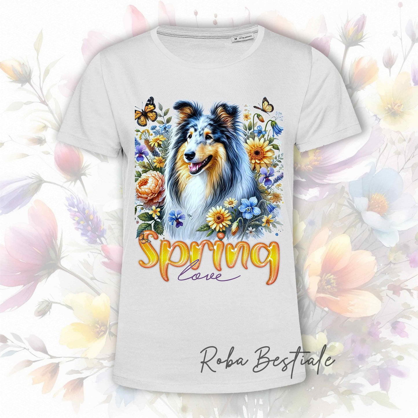 T-Shirt SPRING LOVE - CANE DA PASTORE SCOZZESE a Pelo Lungo, Blue Merle - 100% Cotone, Bianca, Uomo o Donna - dalla XS alla 5XL