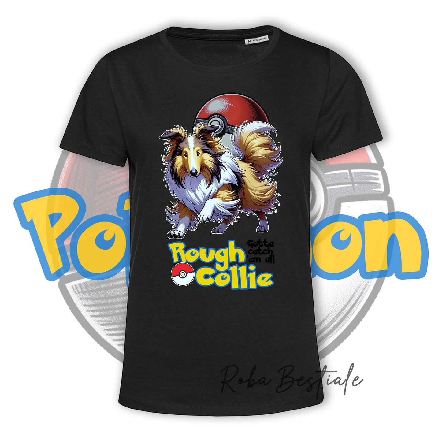 T-Shirt POKEMON - CANE DA PASTORE SCOZZESE a Pelo Lungo, Fulvo Zibellino - Bianca o Nera, 100% Cotone, Uomo o Donna - dalla XS alla 5XL