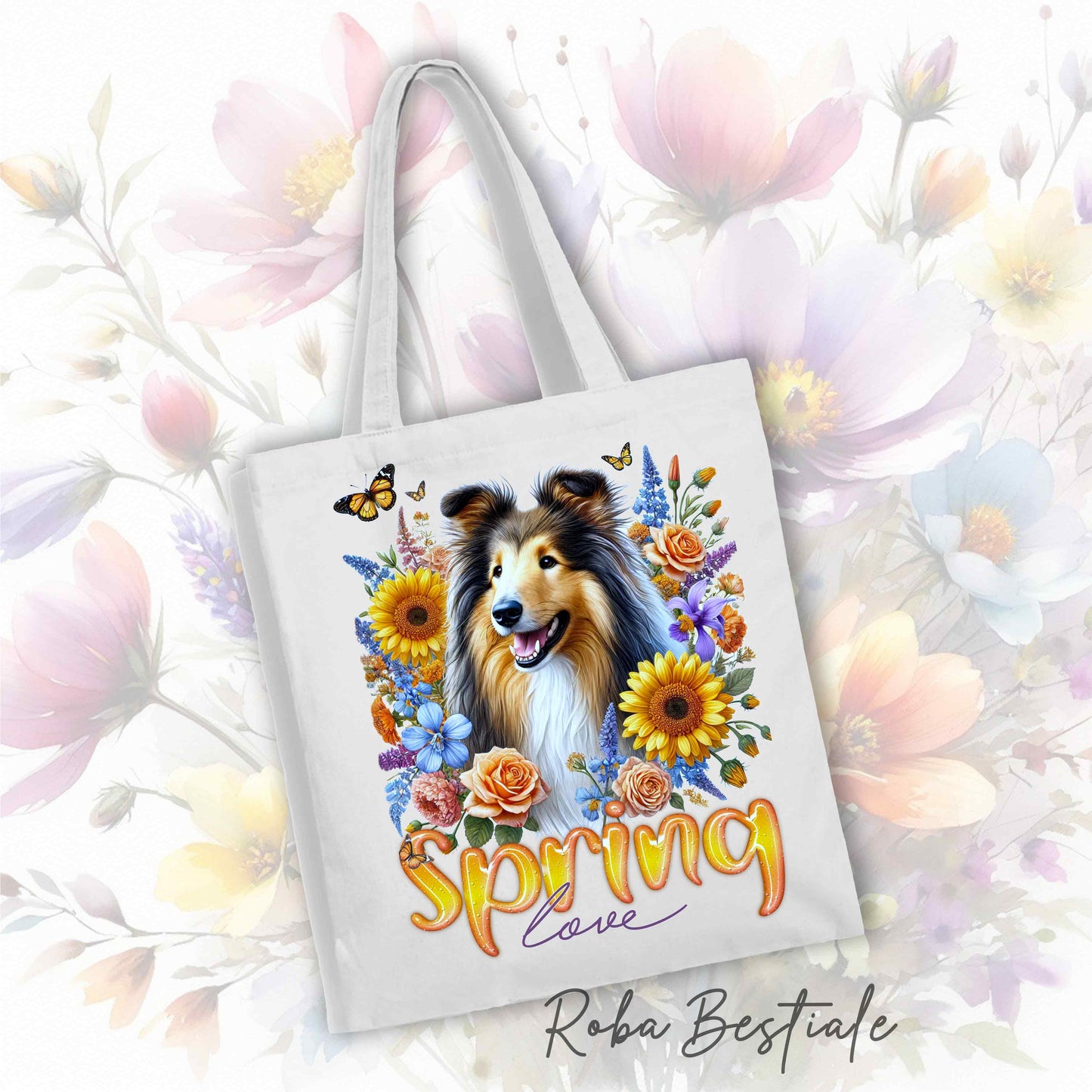 Shopper SPRING LOVE - CANE DA PASTORE SCOZZESE a Pelo Lungo, Sable - Diversi colori disponibili - 100% Cotone