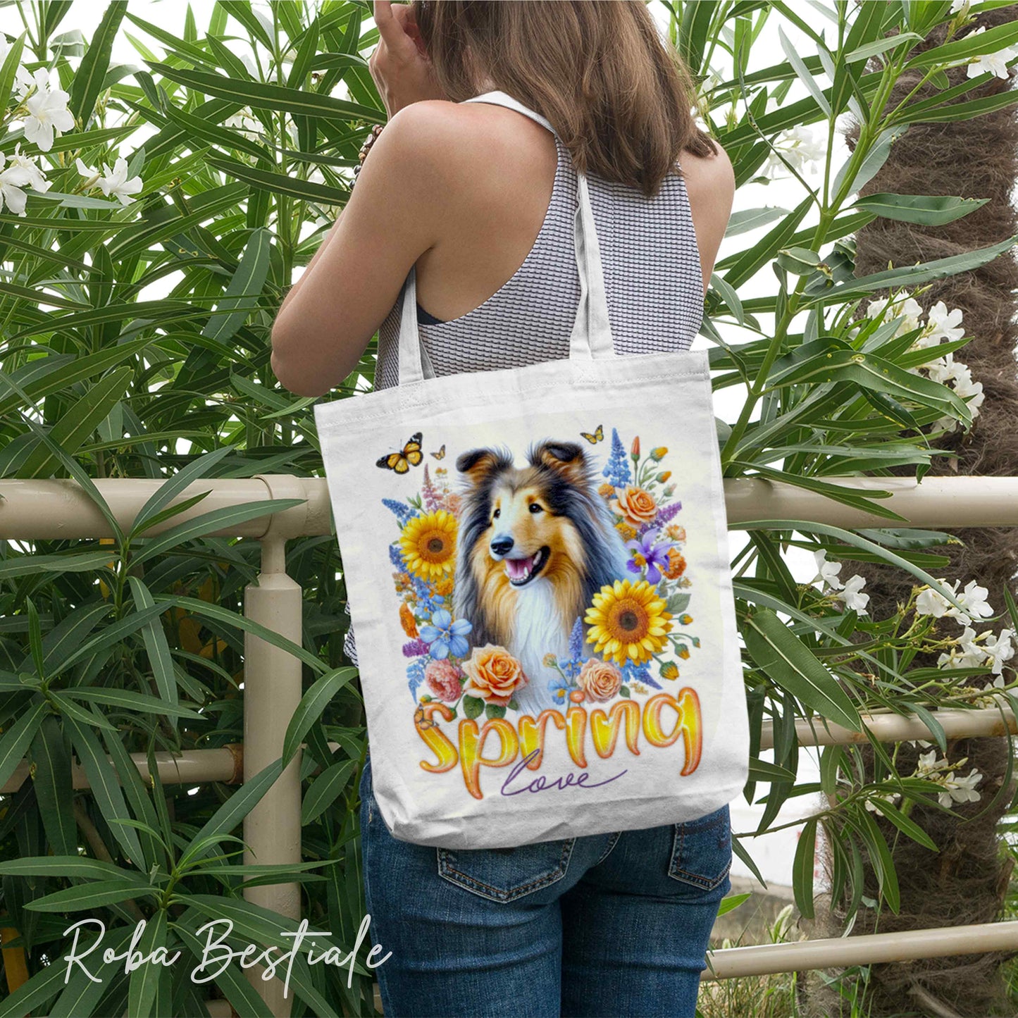 Shopper SPRING LOVE - CANE DA PASTORE SCOZZESE a Pelo Lungo, Sable - Diversi colori disponibili - 100% Cotone