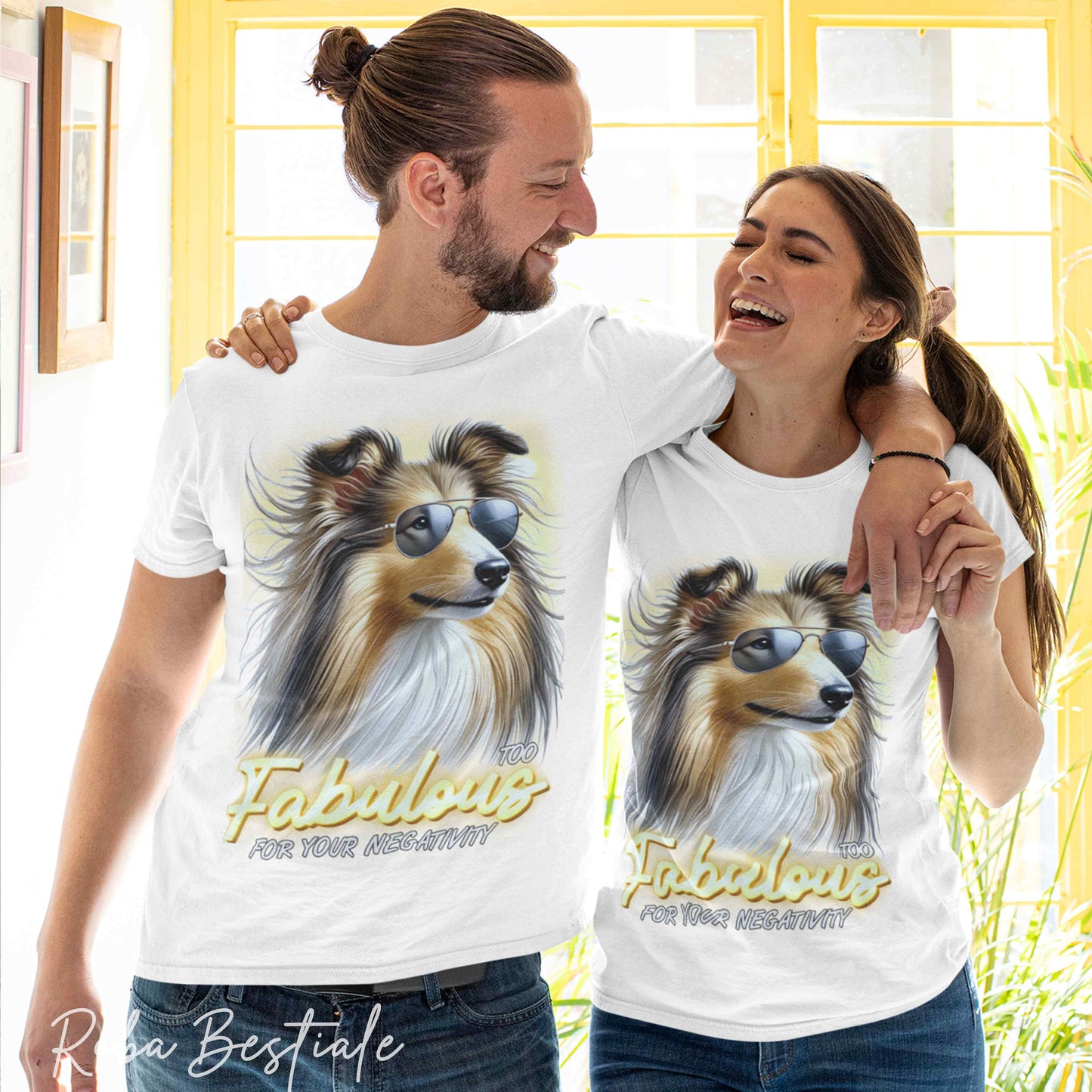 T-Shirt TOO FABULOUS - CANE DA PASTORE SCOZZESE a Pelo Lungo, Sable - 100% Cotone, Bianca, Uomo o Donna - dalla XS alla 5XL