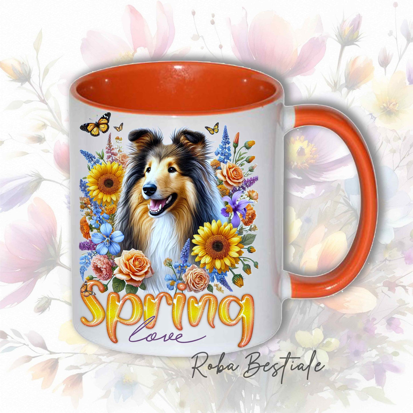 Tazza SPRING LOVE - CANE DA PASTORE SCOZZESE a Pelo Lungo, Sable - In Ceramica, manico e interno colorati - 330ml