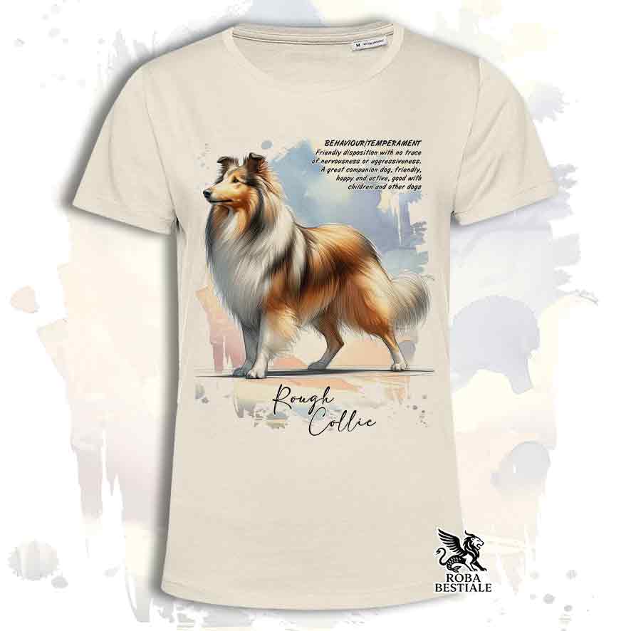 T-Shirt BEHAVIOR - CANE DA PASTORE SCOZZESE a Pelo Lungo Zibellino - Bianca o Beige, da Uomo o da Donna - dalla XS alla 5XL