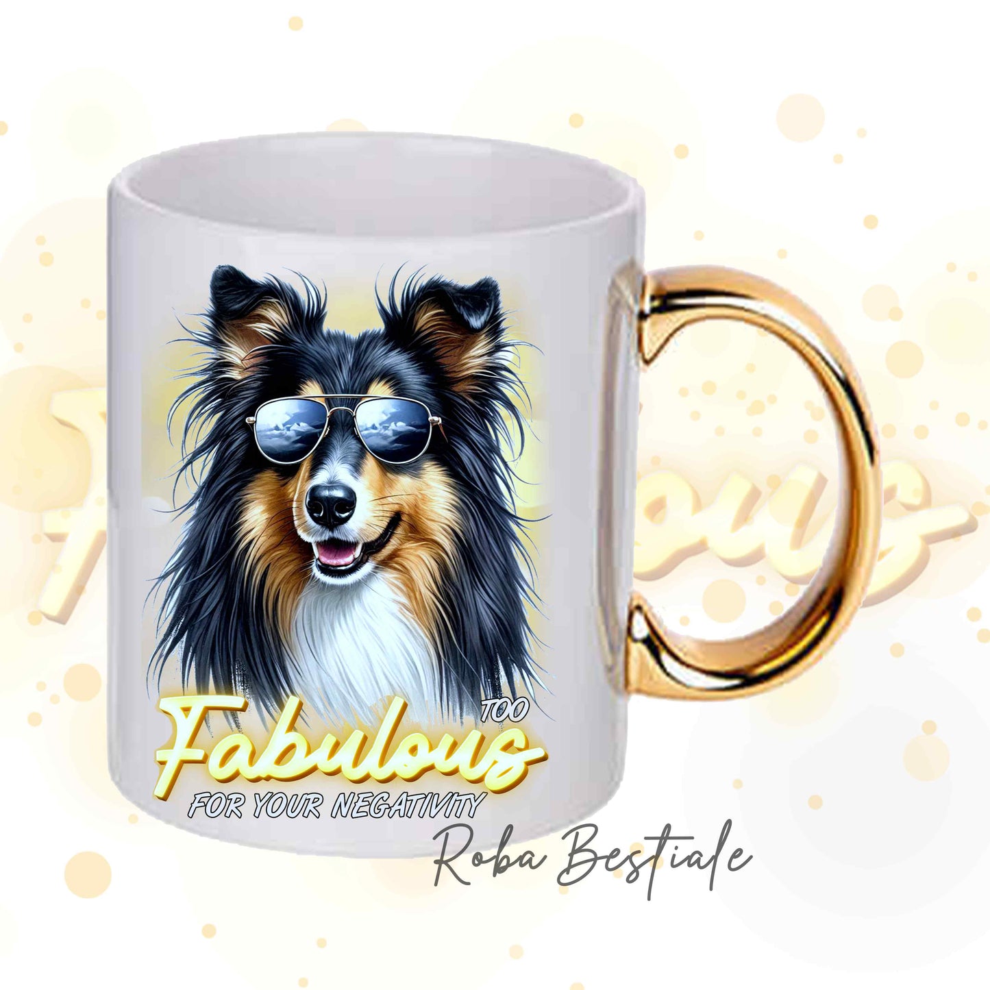 Tazza TOO FABULOUS - CANE DA PASTORE SCOZZESE a Pelo Lungo - Black Tricolor - In Ceramica, con manico dorato - 330 ml