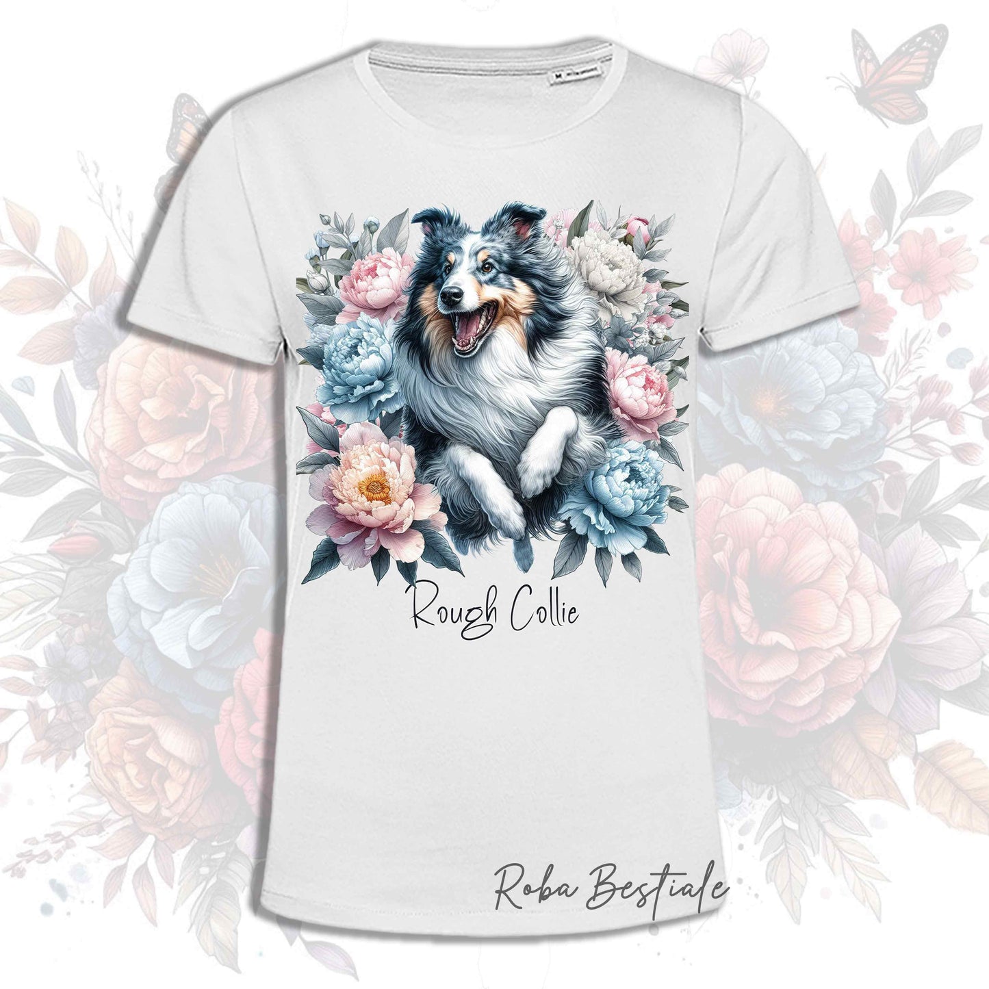 T-Shirt PEONY - CANE DA PASTORE SCOZZESE a Pelo Lungo Blue Merle - Bianca o Beige, Uomo o Donna, dalla XS alla 5XL