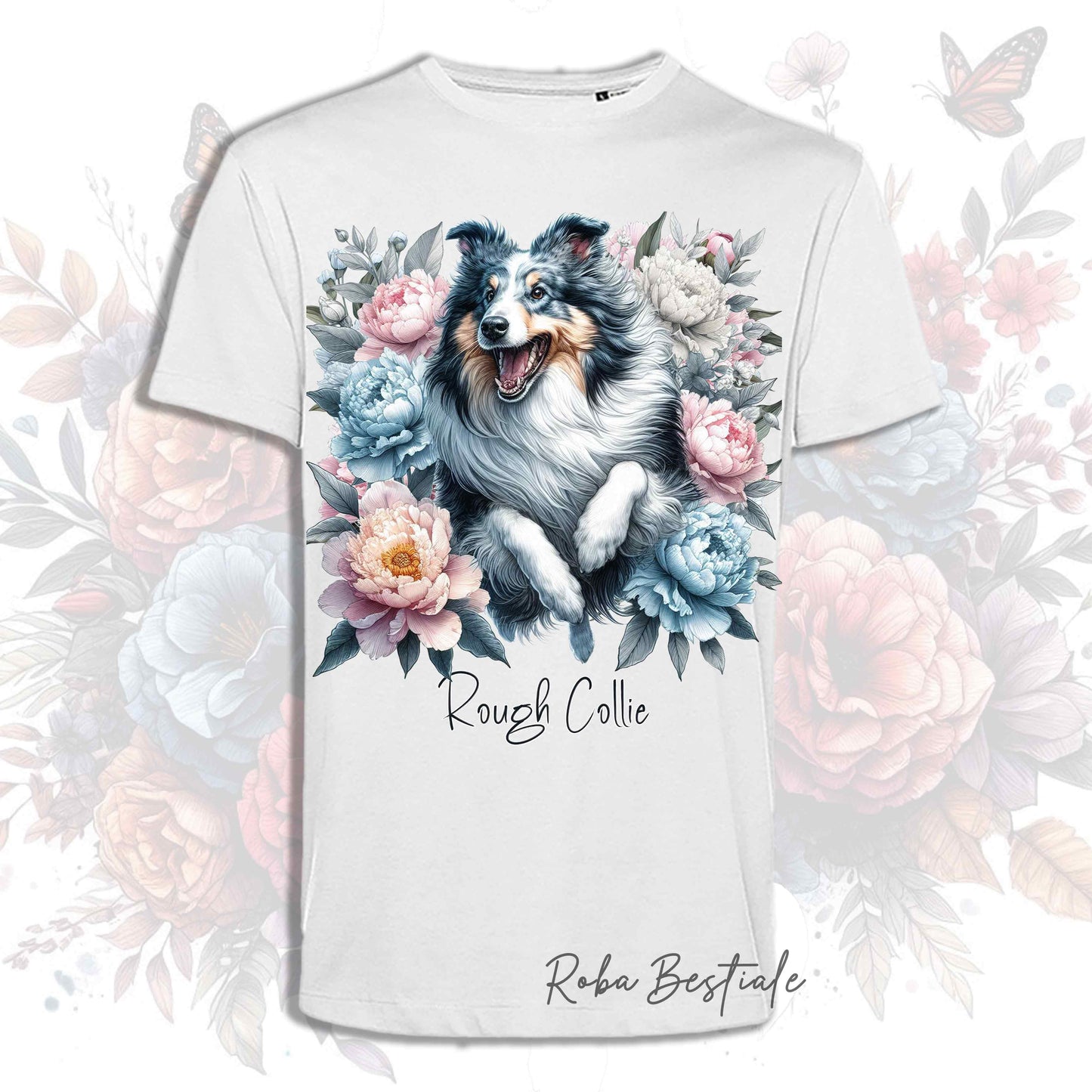 T-Shirt PEONY - CANE DA PASTORE SCOZZESE a Pelo Lungo Blue Merle - Bianca o Beige, Uomo o Donna, dalla XS alla 5XL