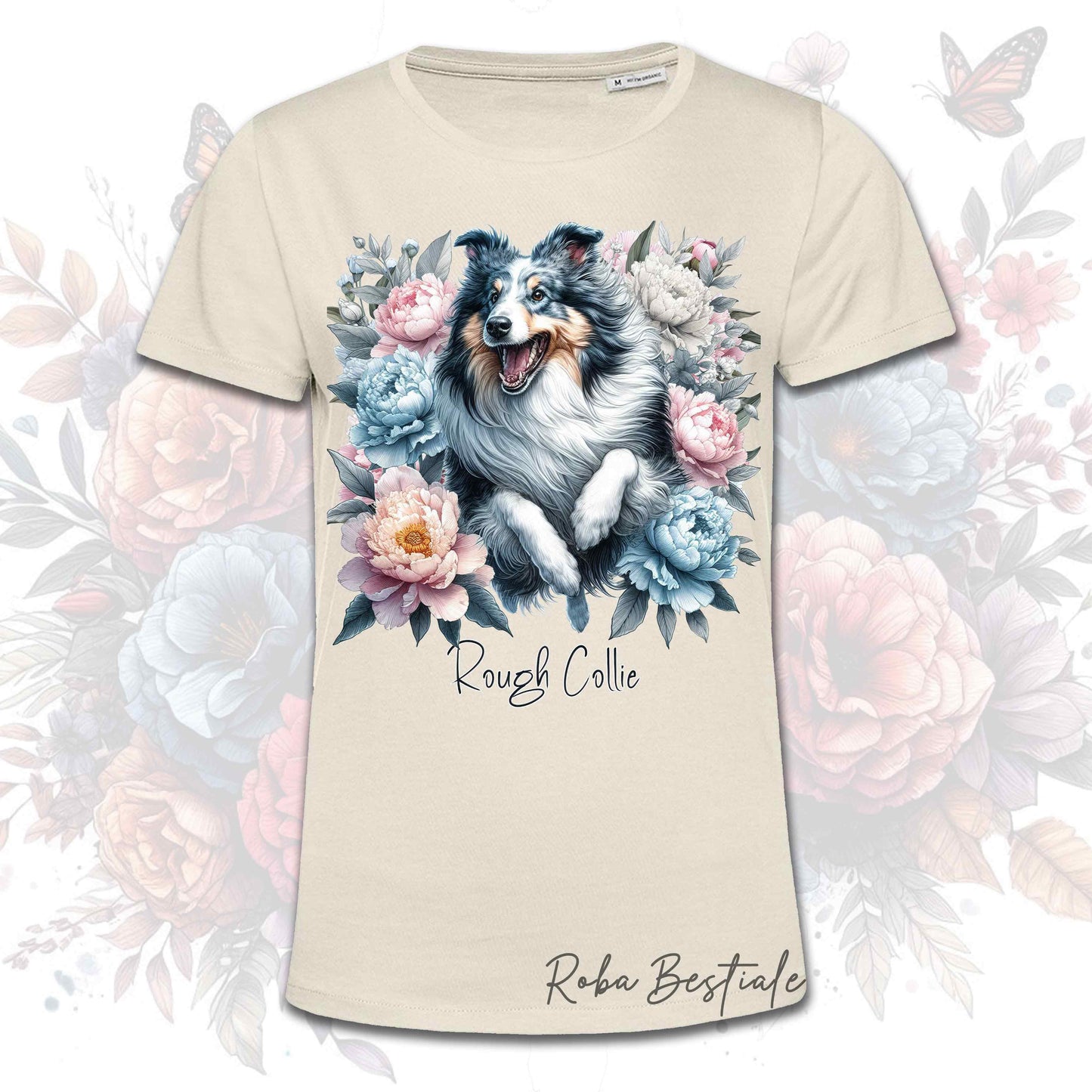 T-Shirt PEONY - CANE DA PASTORE SCOZZESE a Pelo Lungo Blue Merle - Bianca o Beige, Uomo o Donna, dalla XS alla 5XL