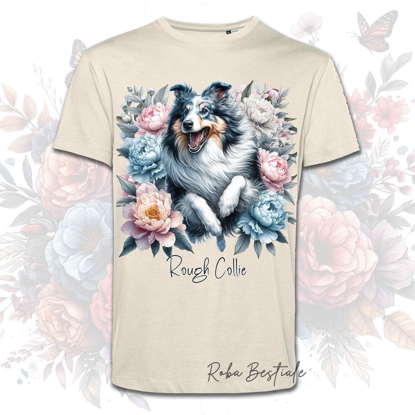 T-Shirt PEONY - CANE DA PASTORE SCOZZESE a Pelo Lungo Blue Merle - Bianca o Beige, Uomo o Donna, dalla XS alla 5XL