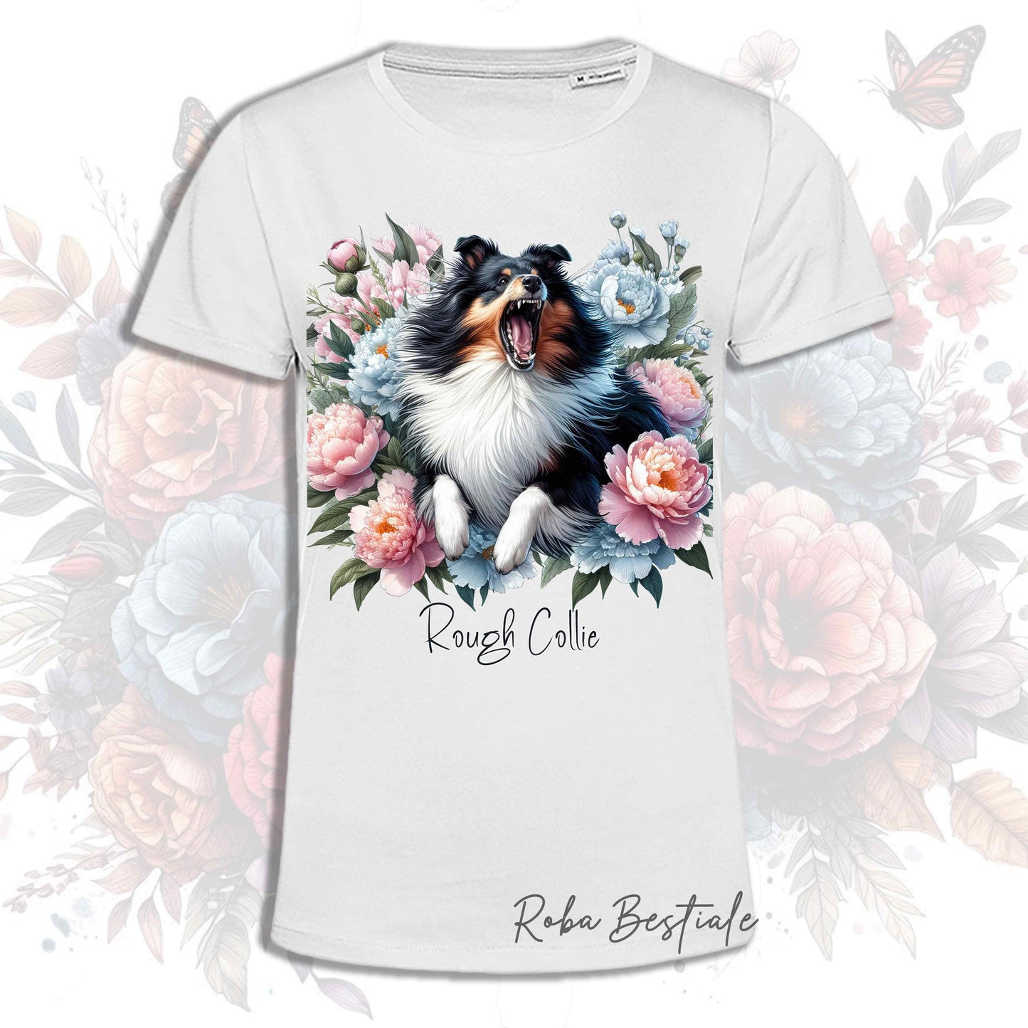 T-Shirt PEONY - CANE DA PASTORE SCOZZESE a Pelo Lungo Tricolore - Bianca o Beige, Uomo o Donna, dalla XS alla 5XL