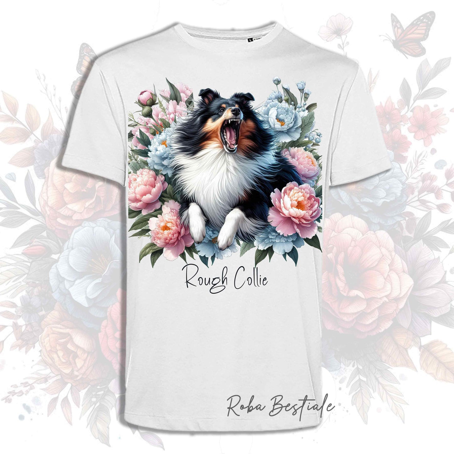 T-Shirt PEONY - CANE DA PASTORE SCOZZESE a Pelo Lungo Tricolore - Bianca o Beige, Uomo o Donna, dalla XS alla 5XL