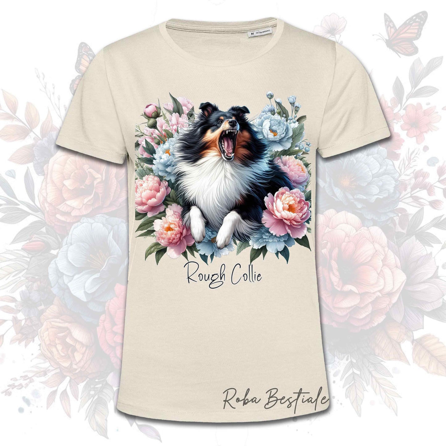 T-Shirt PEONY - CANE DA PASTORE SCOZZESE a Pelo Lungo Tricolore - Bianca o Beige, Uomo o Donna, dalla XS alla 5XL