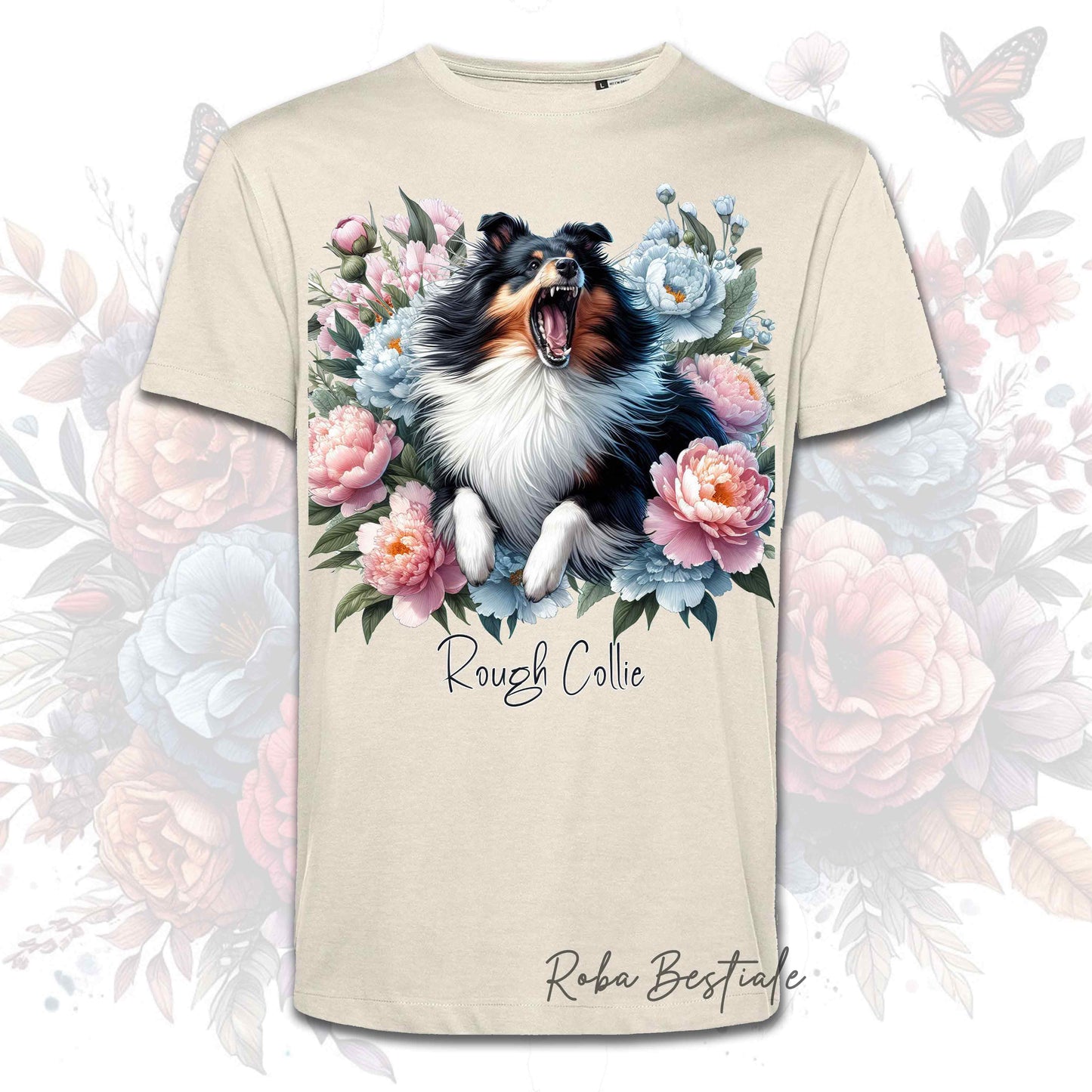 T-Shirt PEONY - CANE DA PASTORE SCOZZESE a Pelo Lungo Tricolore - Bianca o Beige, Uomo o Donna, dalla XS alla 5XL