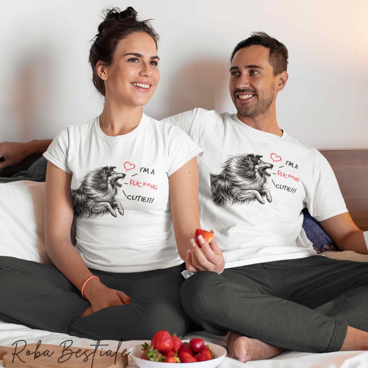T-Shirt I'M A FUC**NG CUTIE - CANE DA PASTORE SCOZZESE a Pelo Lungo - 100% Cotone, Bianca, Uomo o Donna - dalla XS alla 5XL