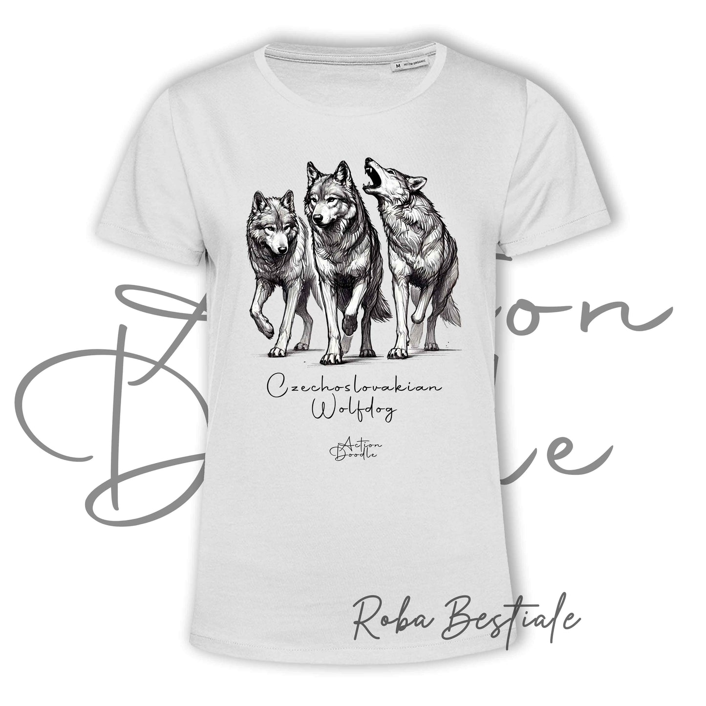 T-Shirt ACTION DOODLE - CANE LUPO CECOSLOVACCO 1 - 100% Cotone, Bianca, Uomo o Donna - dalla XS alla 5XL