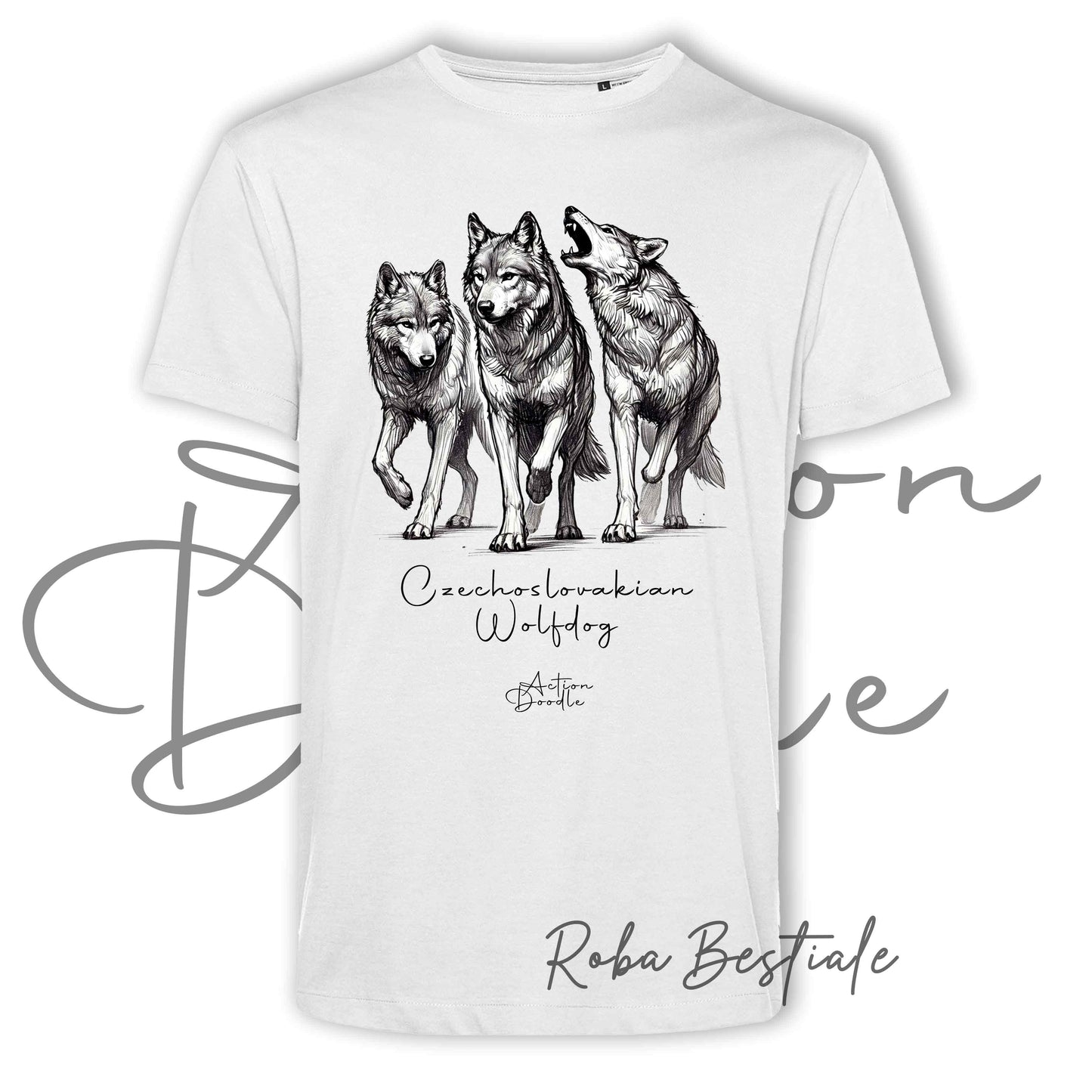 T-Shirt ACTION DOODLE - CANE LUPO CECOSLOVACCO 1 - 100% Cotone, Bianca, Uomo o Donna - dalla XS alla 5XL