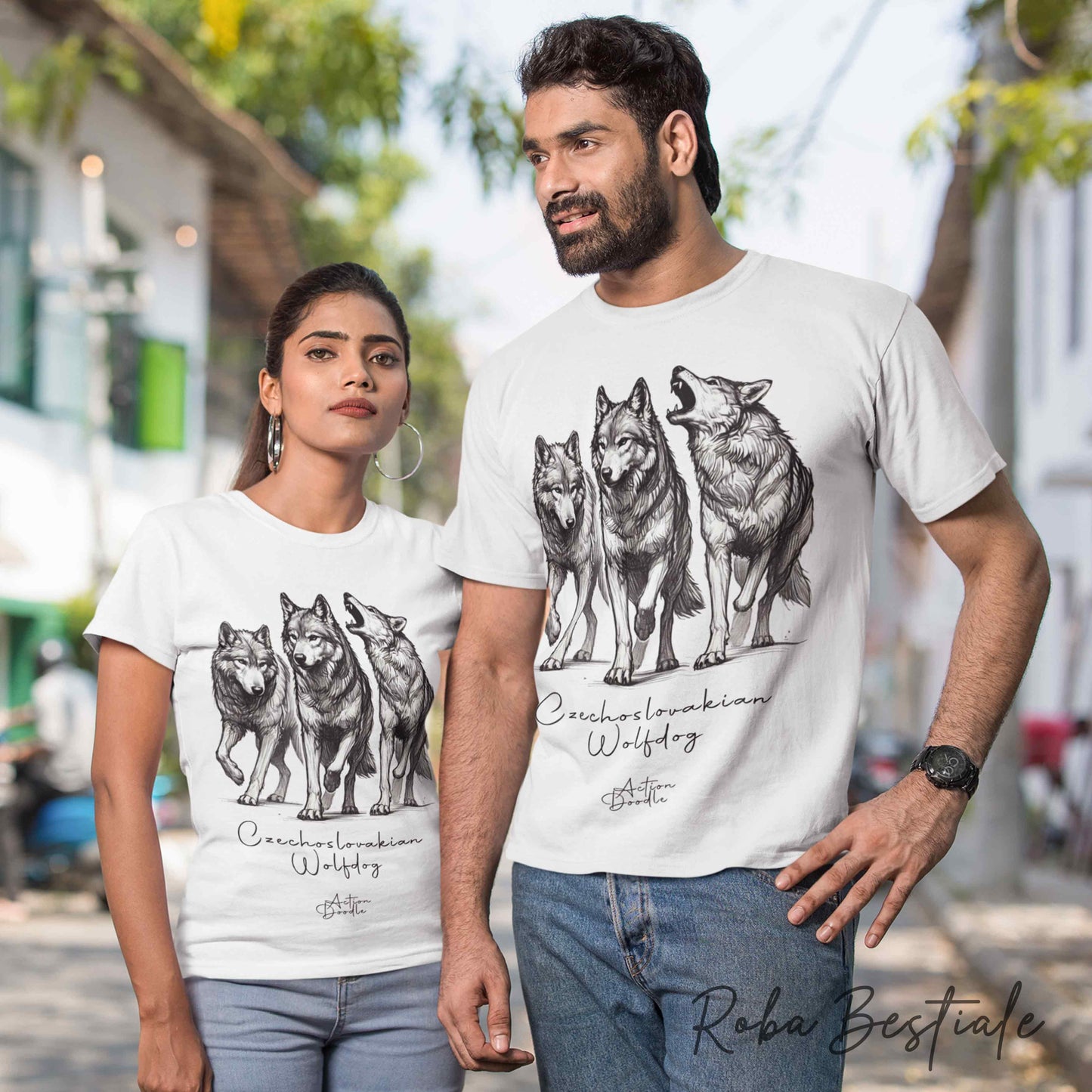 T-Shirt ACTION DOODLE - CANE LUPO CECOSLOVACCO 1 - 100% Cotone, Bianca, Uomo o Donna - dalla XS alla 5XL
