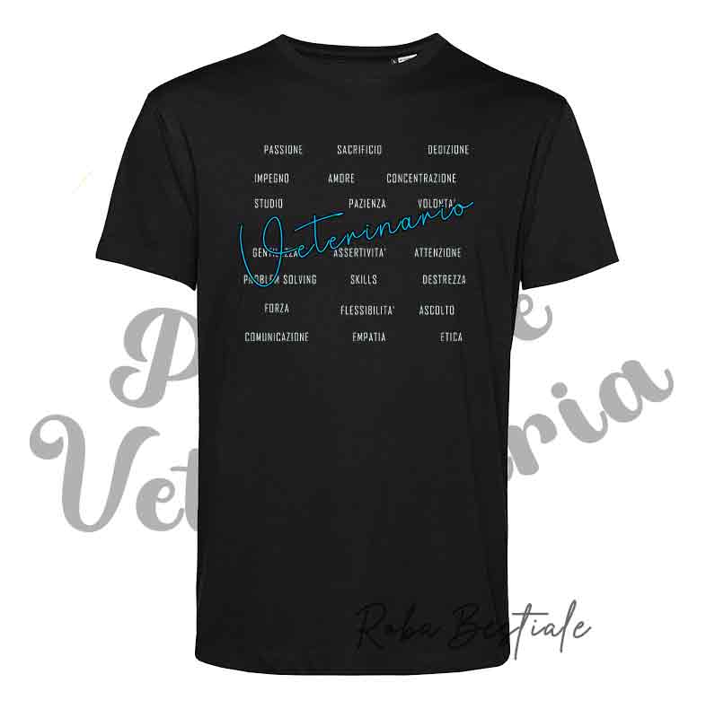 T-shirt PASSIONE VETERINARIA - SKILLS - NERA - Uomo o Donna, Scritta principale in colore a scelta, 100% cotone