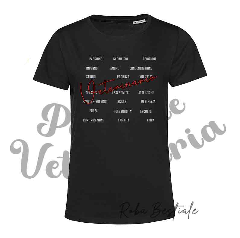 T-shirt PASSIONE VETERINARIA - SKILLS - NERA - Uomo o Donna, Scritta principale in colore a scelta, 100% cotone