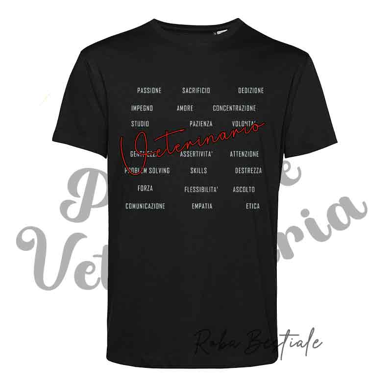 T-shirt PASSIONE VETERINARIA - SKILLS - NERA - Uomo o Donna, Scritta principale in colore a scelta, 100% cotone