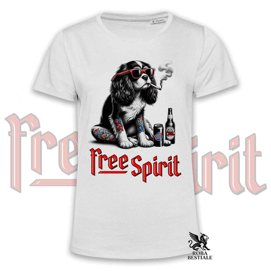 T-Shirt FREE SPIRIT - CAVALIER KING CHARLES SPANIEL - Bianca o Beige, da Uomo o da Donna - dalla XS alla 5XL