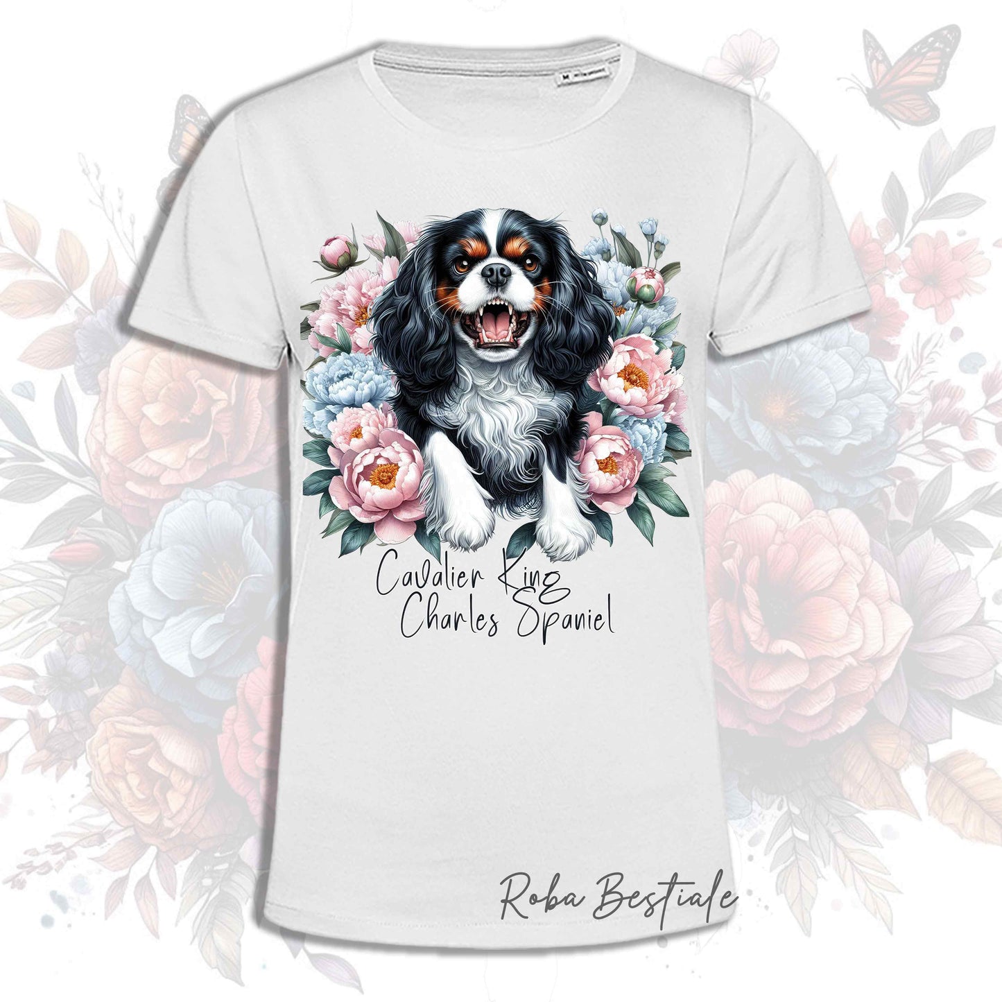 T-Shirt PEONY - CAVALIER KING CHARLES SPANIEL Tricolor - Bianca o Beige, Uomo o Donna, dalla XS alla 5XL