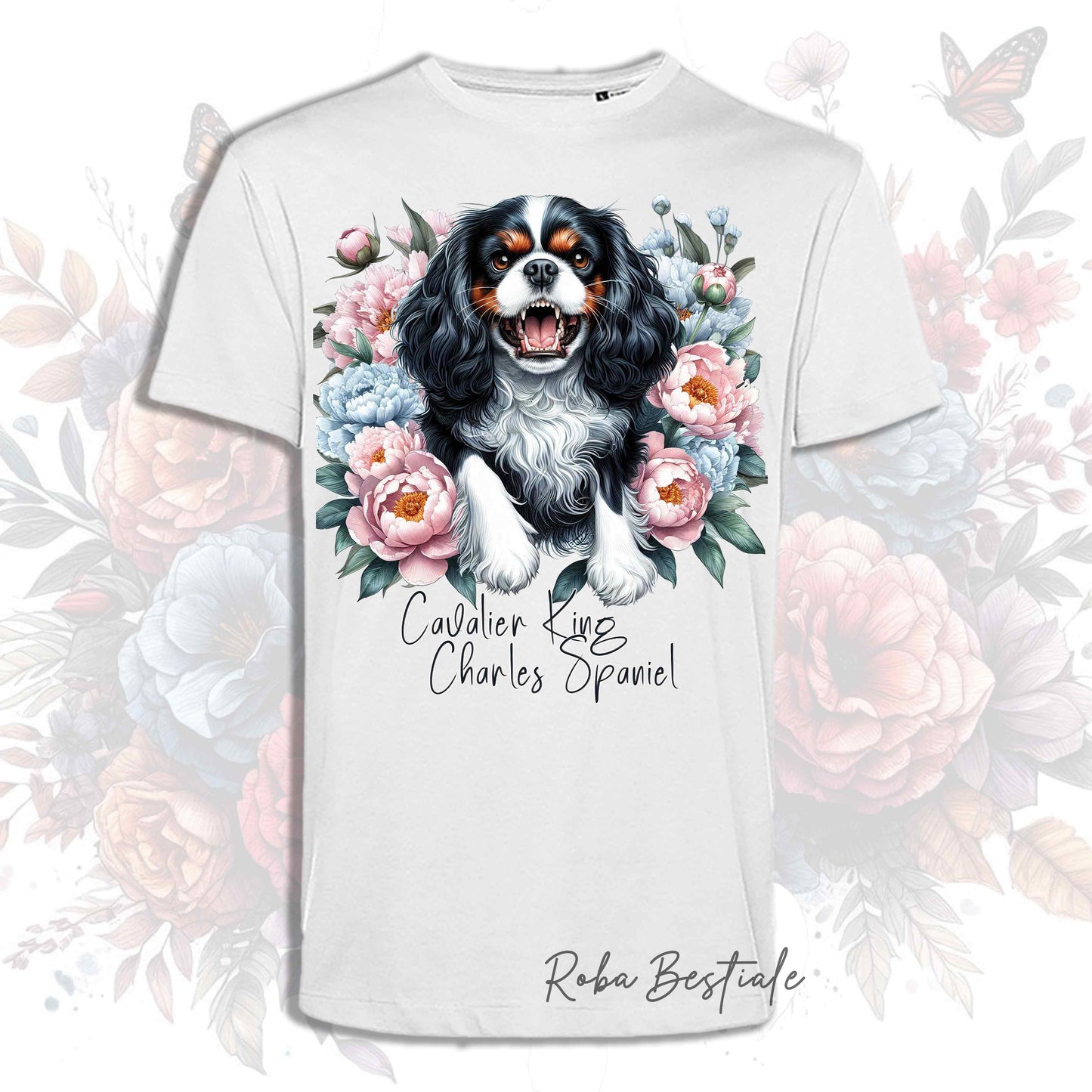 T-Shirt PEONY - CAVALIER KING CHARLES SPANIEL Tricolor - Bianca o Beige, Uomo o Donna, dalla XS alla 5XL