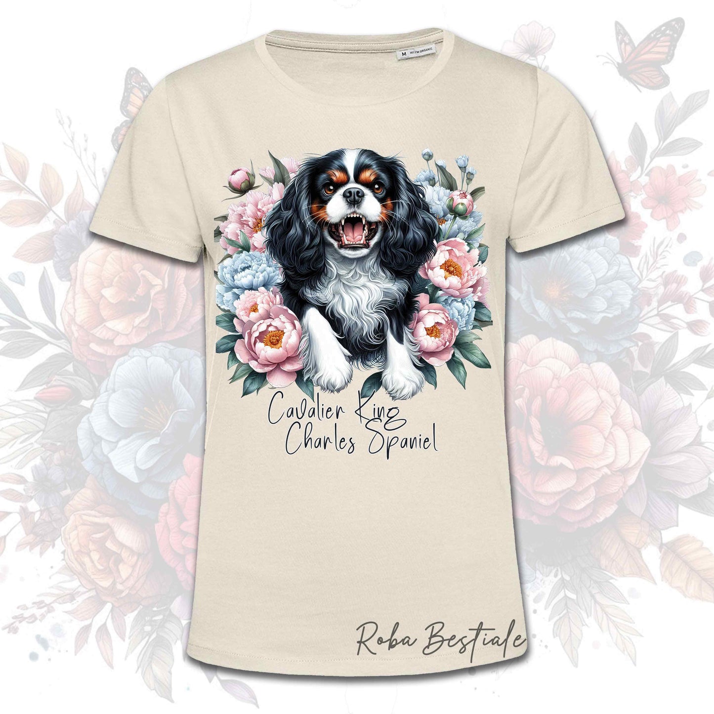 T-Shirt PEONY - CAVALIER KING CHARLES SPANIEL Tricolor - Bianca o Beige, Uomo o Donna, dalla XS alla 5XL