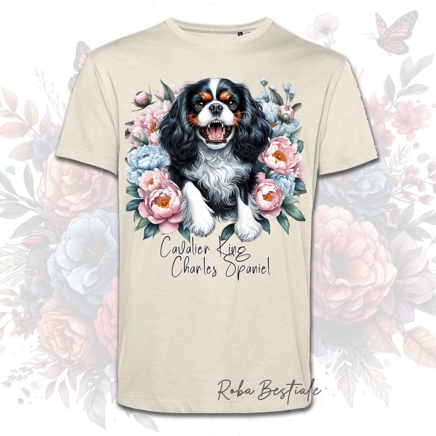 T-Shirt PEONY - CAVALIER KING CHARLES SPANIEL Tricolor - Bianca o Beige, Uomo o Donna, dalla XS alla 5XL