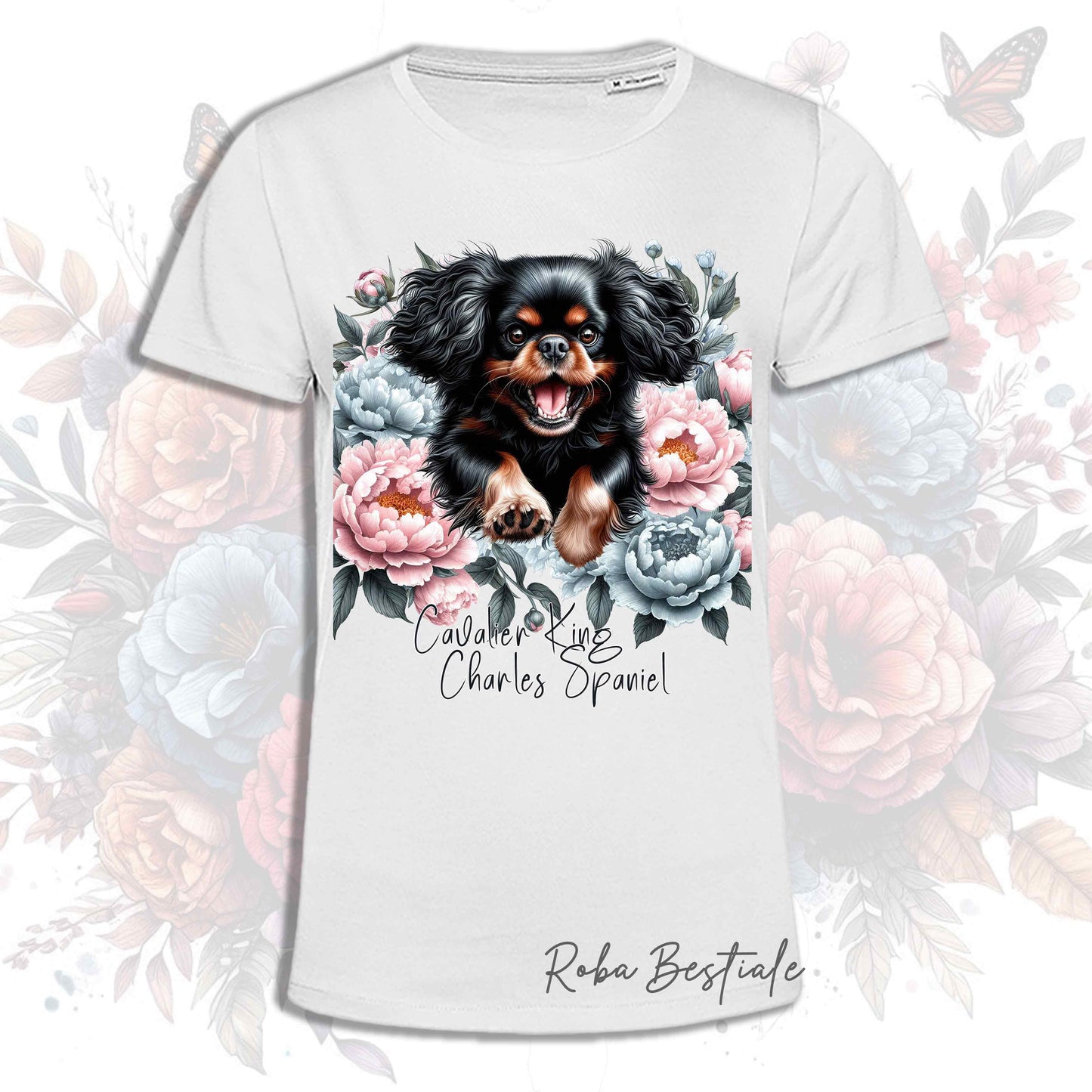T-Shirt PEONY - CAVALIER KING CHARLES SPANIEL Black and Tan - Bianca o Beige, Uomo o Donna, dalla XS alla 5XL