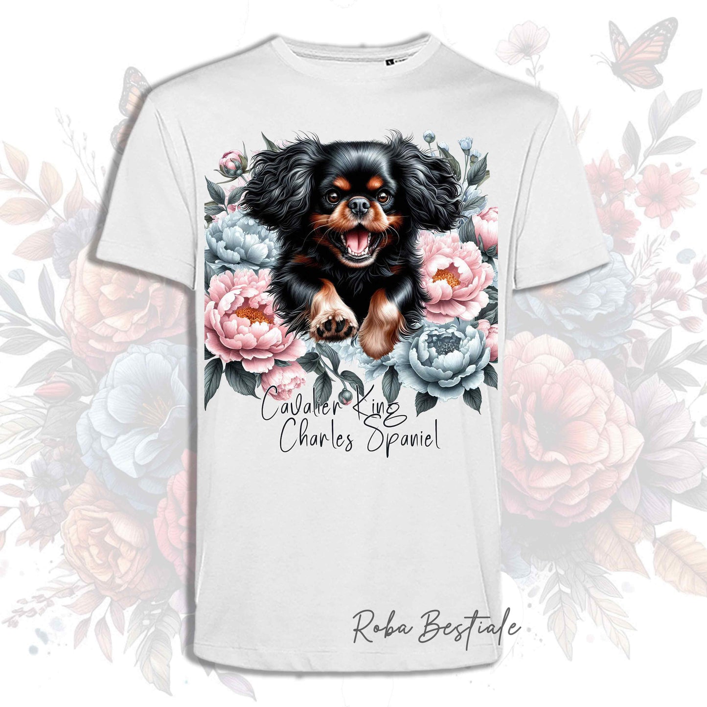 T-Shirt PEONY - CAVALIER KING CHARLES SPANIEL Black and Tan - Bianca o Beige, Uomo o Donna, dalla XS alla 5XL