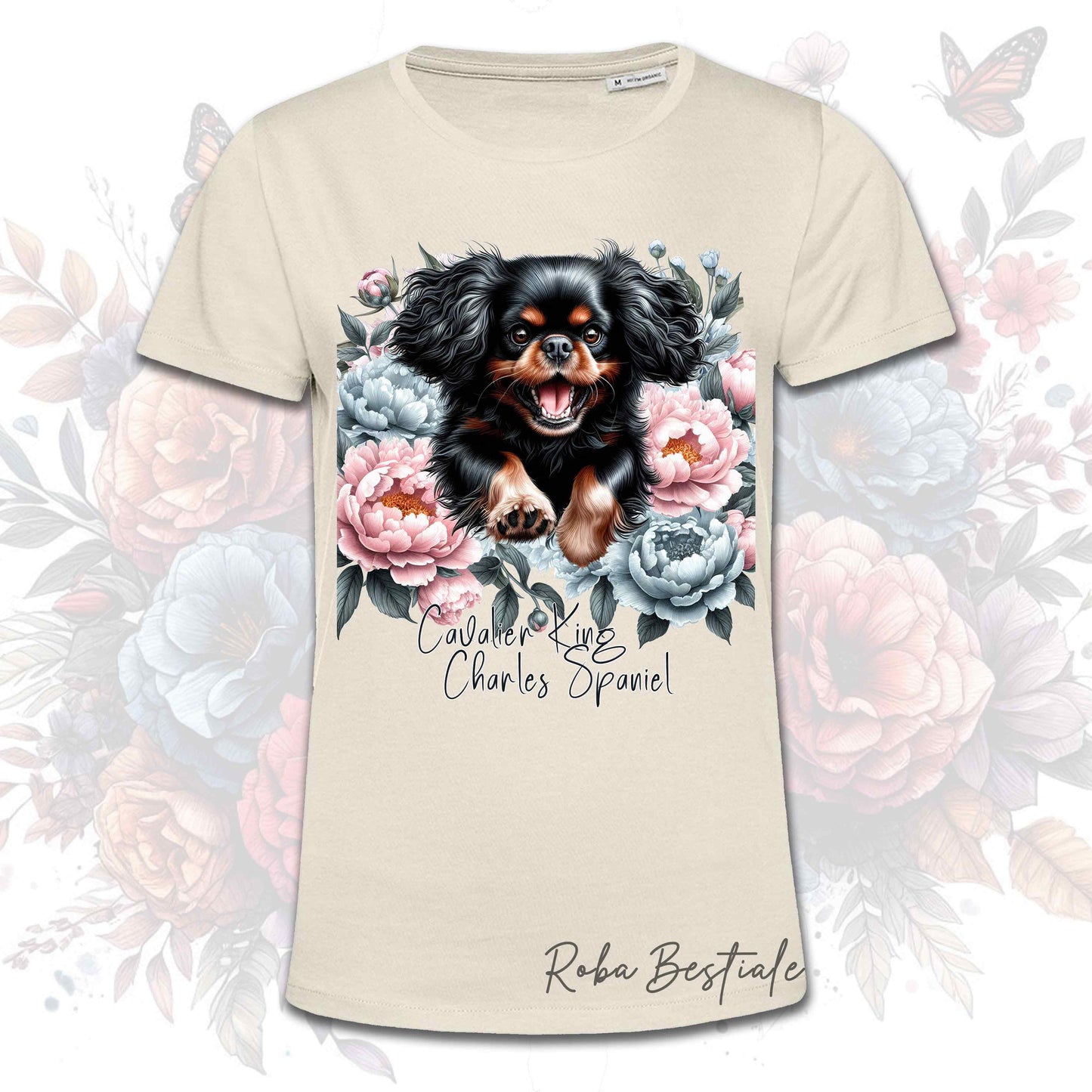 T-Shirt PEONY - CAVALIER KING CHARLES SPANIEL Black and Tan - Bianca o Beige, Uomo o Donna, dalla XS alla 5XL