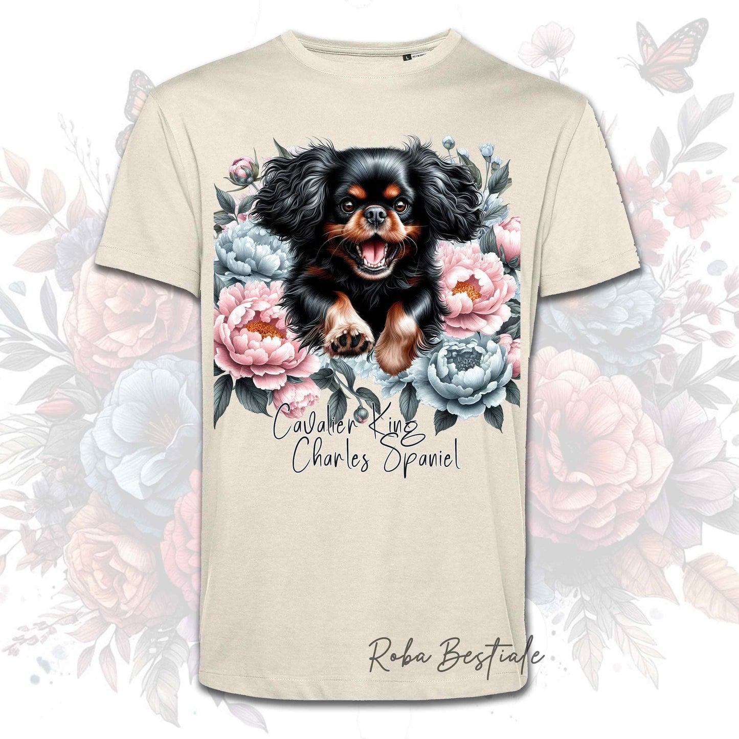 T-Shirt PEONY - CAVALIER KING CHARLES SPANIEL Black and Tan - Bianca o Beige, Uomo o Donna, dalla XS alla 5XL