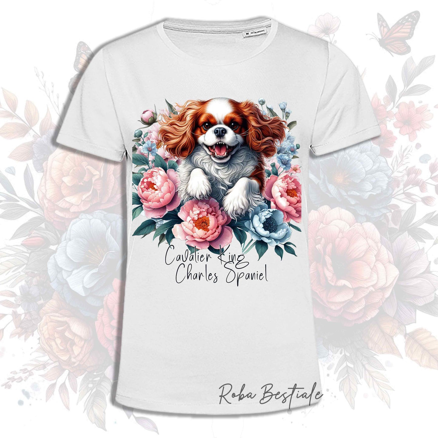 T-Shirt PEONY - CAVALIER KING CHARLES SPANIEL Blenheim - Bianca o Beige, Uomo o Donna, dalla XS alla 5XL