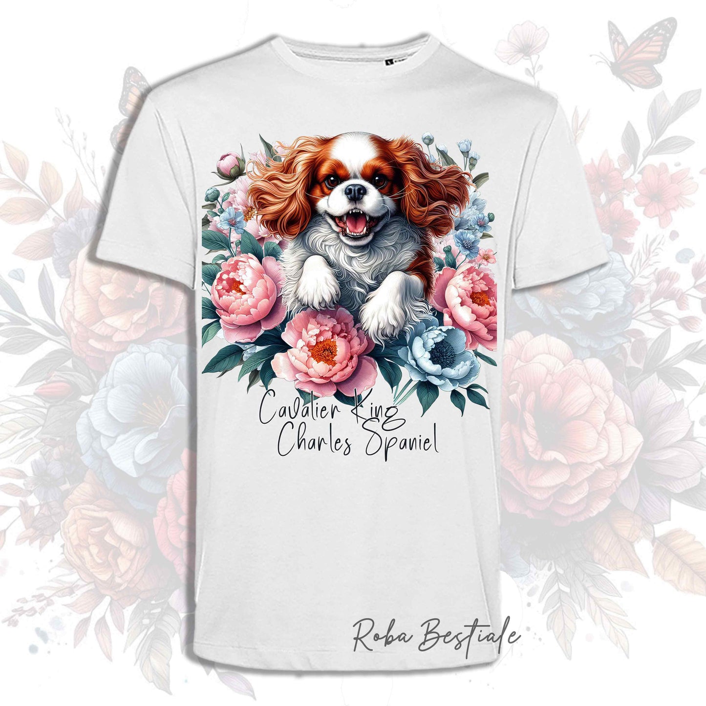 T-Shirt PEONY - CAVALIER KING CHARLES SPANIEL Blenheim - Bianca o Beige, Uomo o Donna, dalla XS alla 5XL
