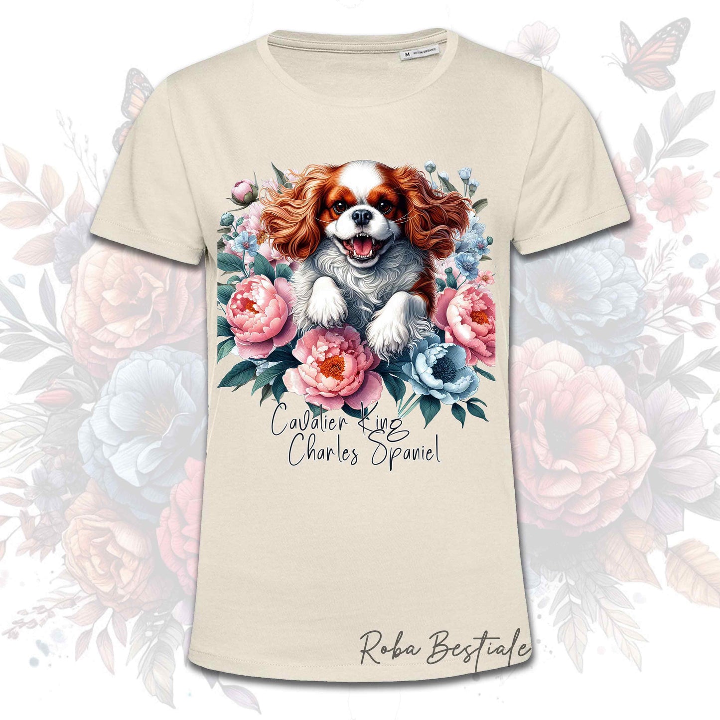 T-Shirt PEONY - CAVALIER KING CHARLES SPANIEL Blenheim - Bianca o Beige, Uomo o Donna, dalla XS alla 5XL