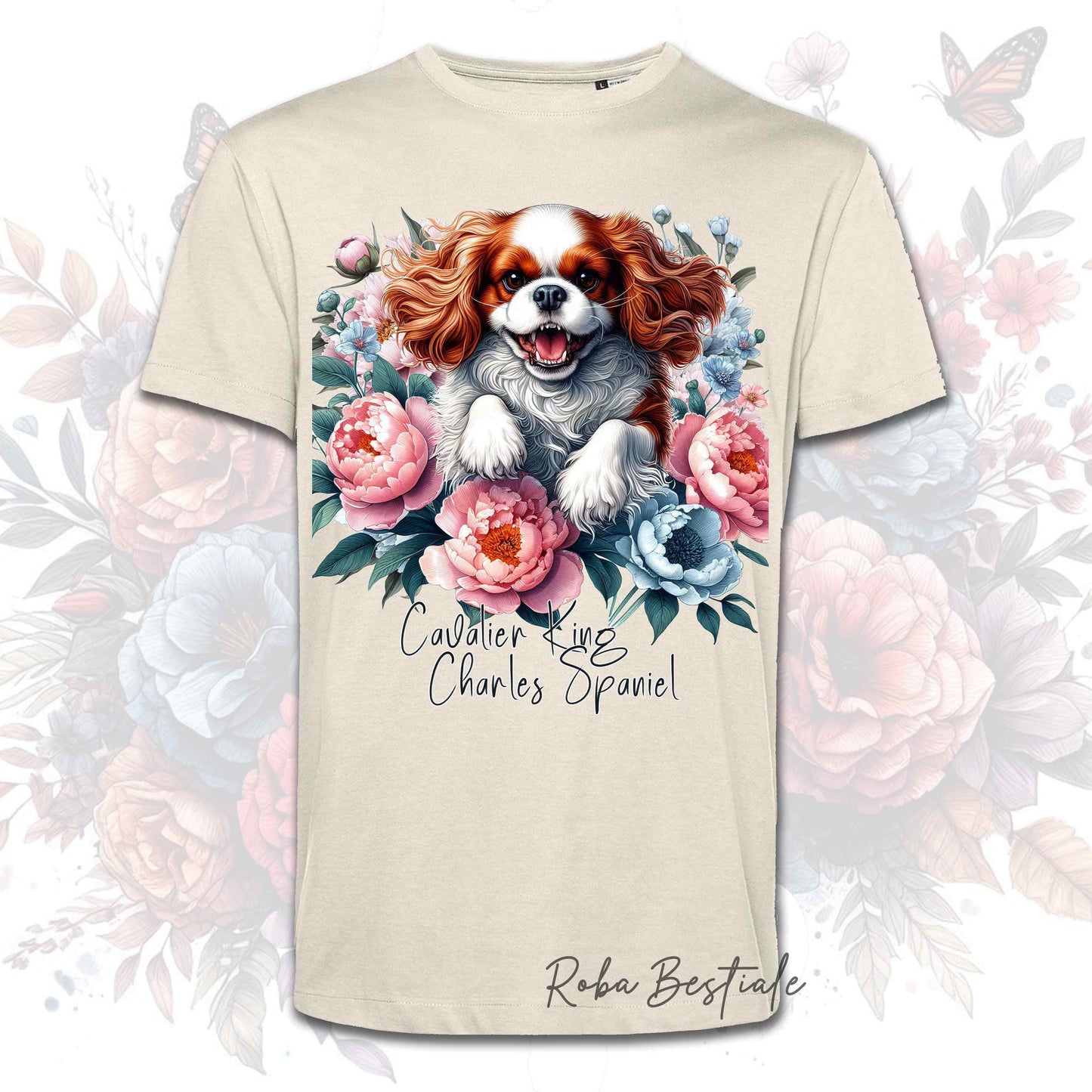 T-Shirt PEONY - CAVALIER KING CHARLES SPANIEL Blenheim - Bianca o Beige, Uomo o Donna, dalla XS alla 5XL