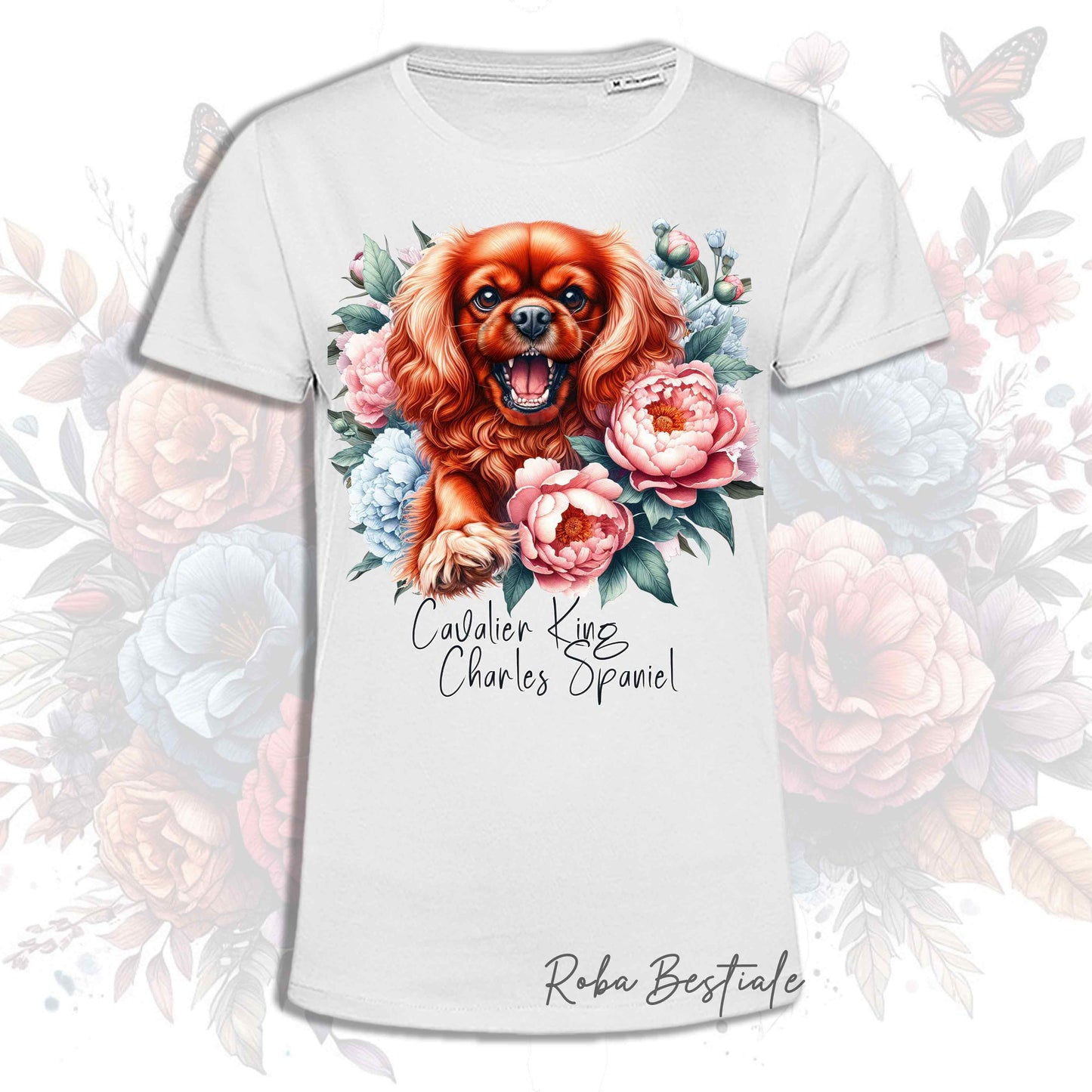 T-Shirt PEONY - CAVALIER KING CHARLES SPANIEL Rubino - Bianca o Beige, Uomo o Donna, dalla XS alla 5XL