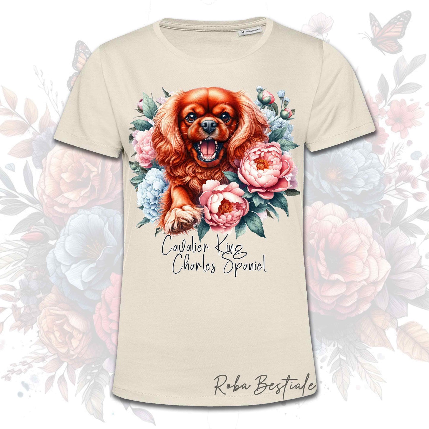 T-Shirt PEONY - CAVALIER KING CHARLES SPANIEL Rubino - Bianca o Beige, Uomo o Donna, dalla XS alla 5XL