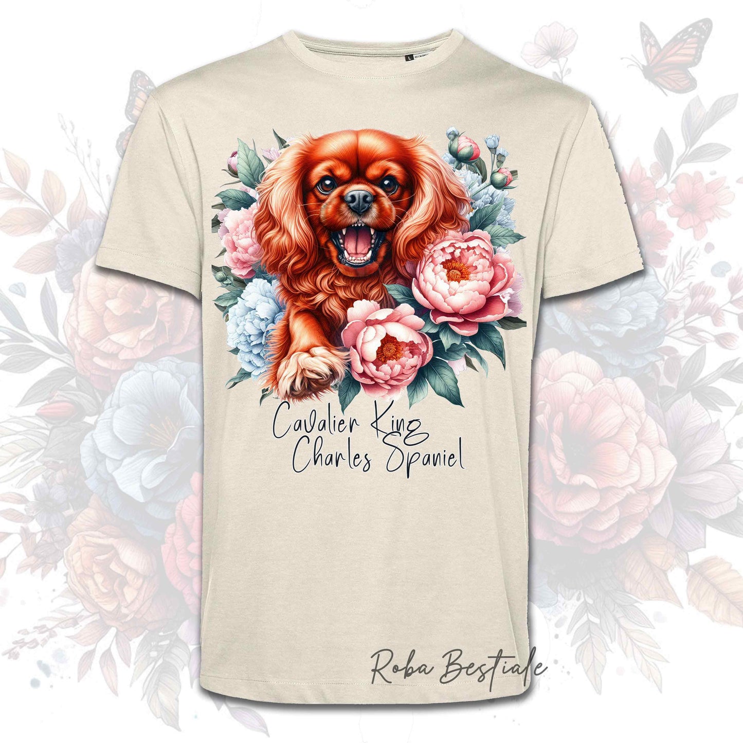 T-Shirt PEONY - CAVALIER KING CHARLES SPANIEL Rubino - Bianca o Beige, Uomo o Donna, dalla XS alla 5XL
