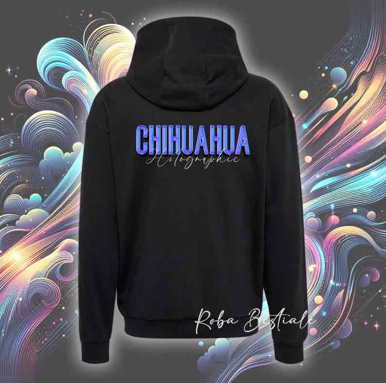 Felpa Invernale HOLO - CHIHUAHUA a Pelo Lungo Bianco - Con Cappuccio, Unisex - Nera - dalla XS alla 3XL