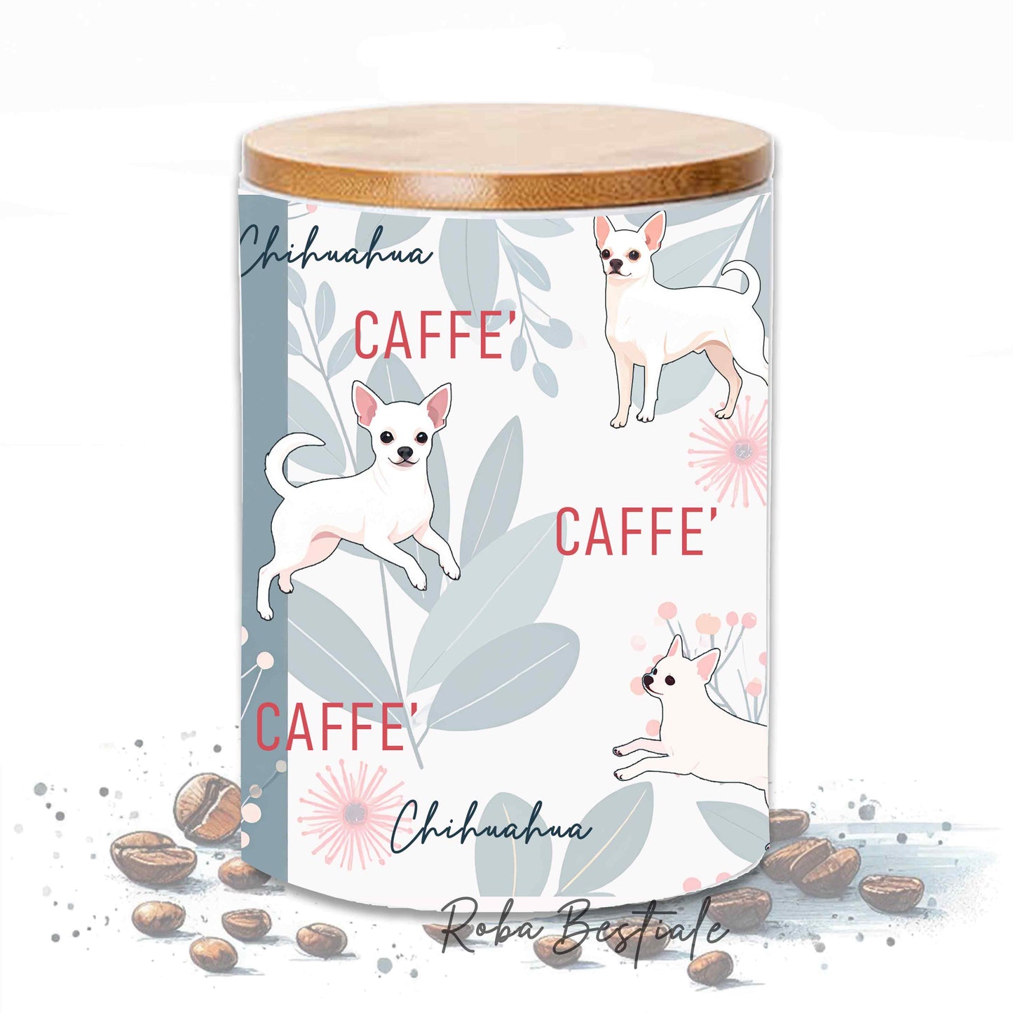 Barattolo CAFFE' - CHIHUAHUA a Pelo Corto Bianco - In Ceramica, Tappo in legno con guarnizione