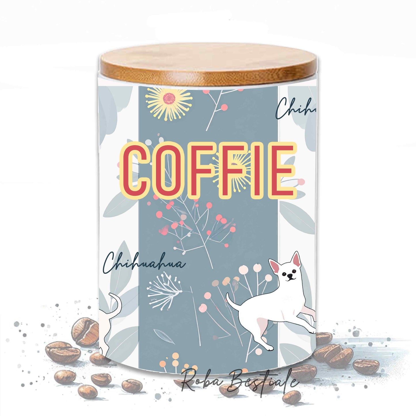 Barattolo CAFFE' - CHIHUAHUA a Pelo Corto Bianco - In Ceramica, Tappo in legno con guarnizione
