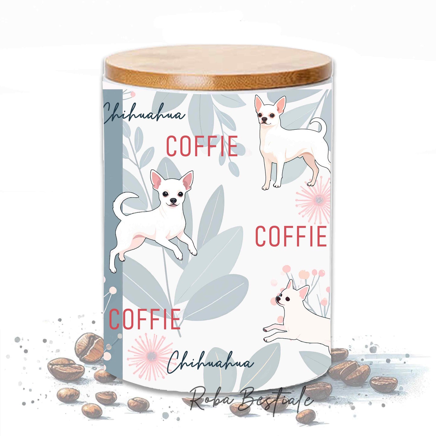 Barattolo CAFFE' - CHIHUAHUA a Pelo Corto Bianco - In Ceramica, Tappo in legno con guarnizione