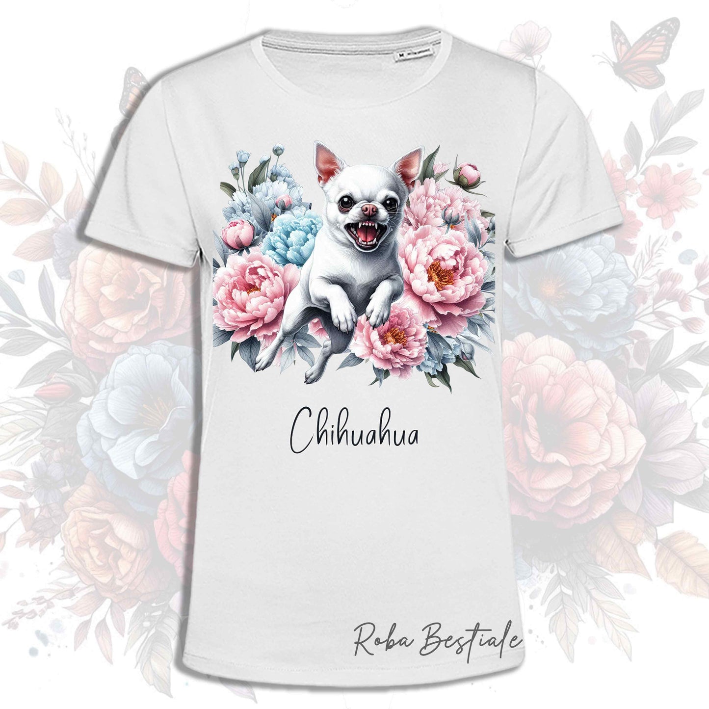 T-Shirt PEONY - CHIHUAHUA a Pelo Corto Bianco - Bianca o Beige, Uomo o Donna, dalla XS alla 5XL
