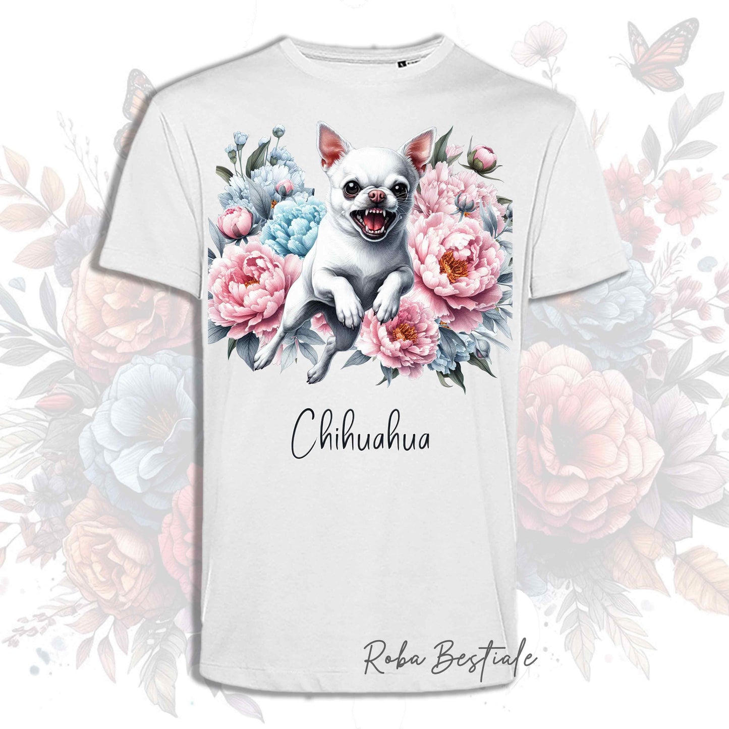 T-Shirt PEONY - CHIHUAHUA a Pelo Corto Bianco - Bianca o Beige, Uomo o Donna, dalla XS alla 5XL