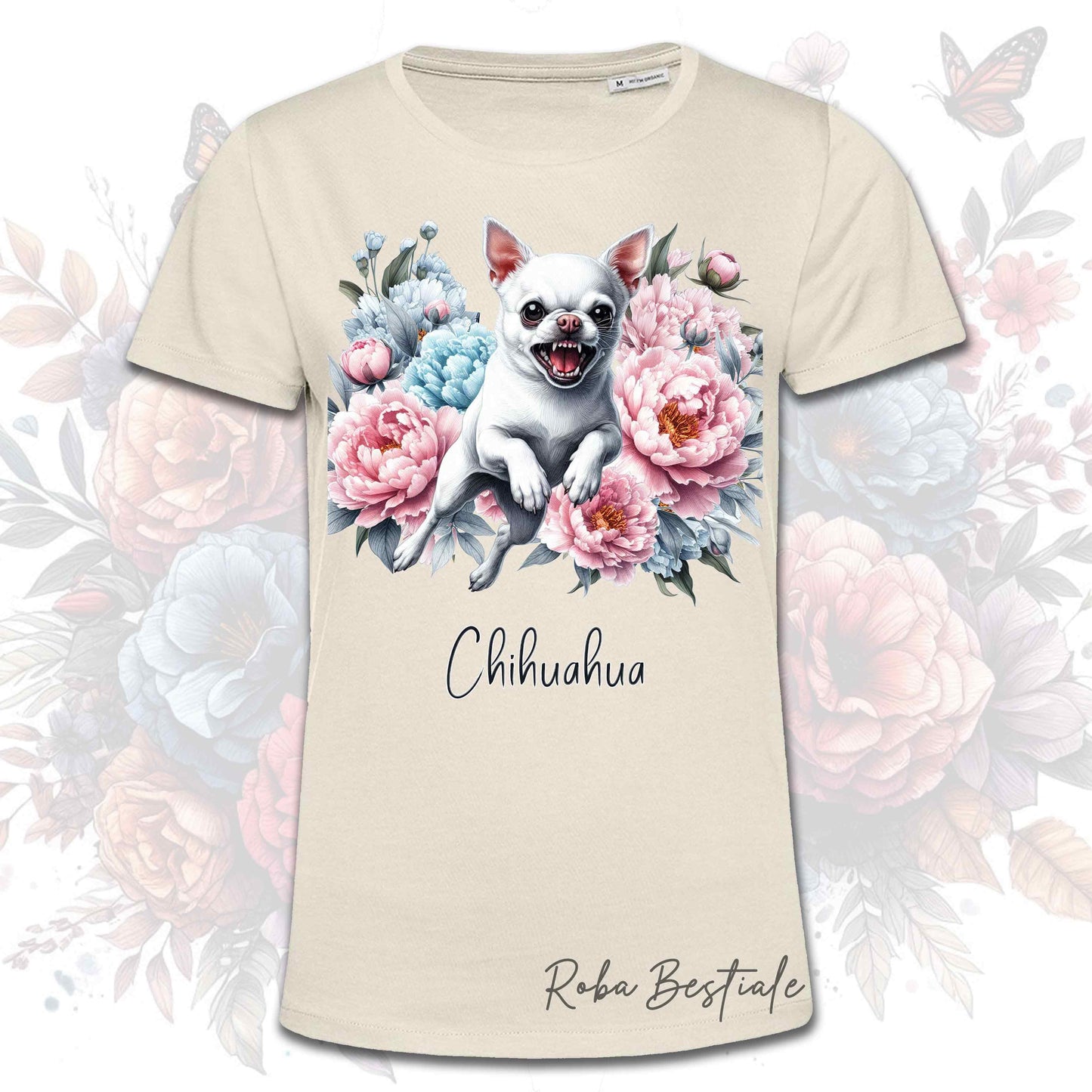 T-Shirt PEONY - CHIHUAHUA a Pelo Corto Bianco - Bianca o Beige, Uomo o Donna, dalla XS alla 5XL