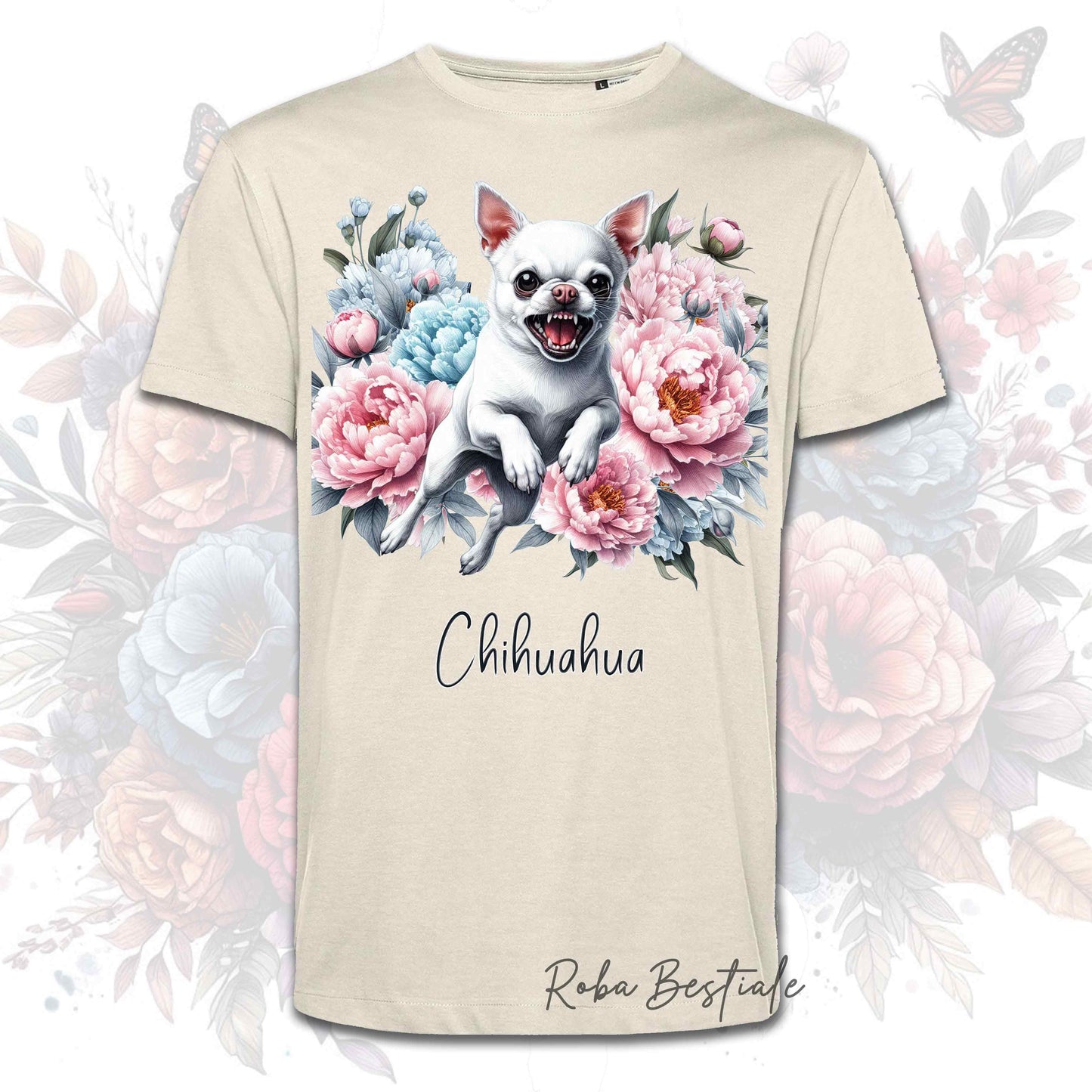 T-Shirt PEONY - CHIHUAHUA a Pelo Corto Bianco - Bianca o Beige, Uomo o Donna, dalla XS alla 5XL