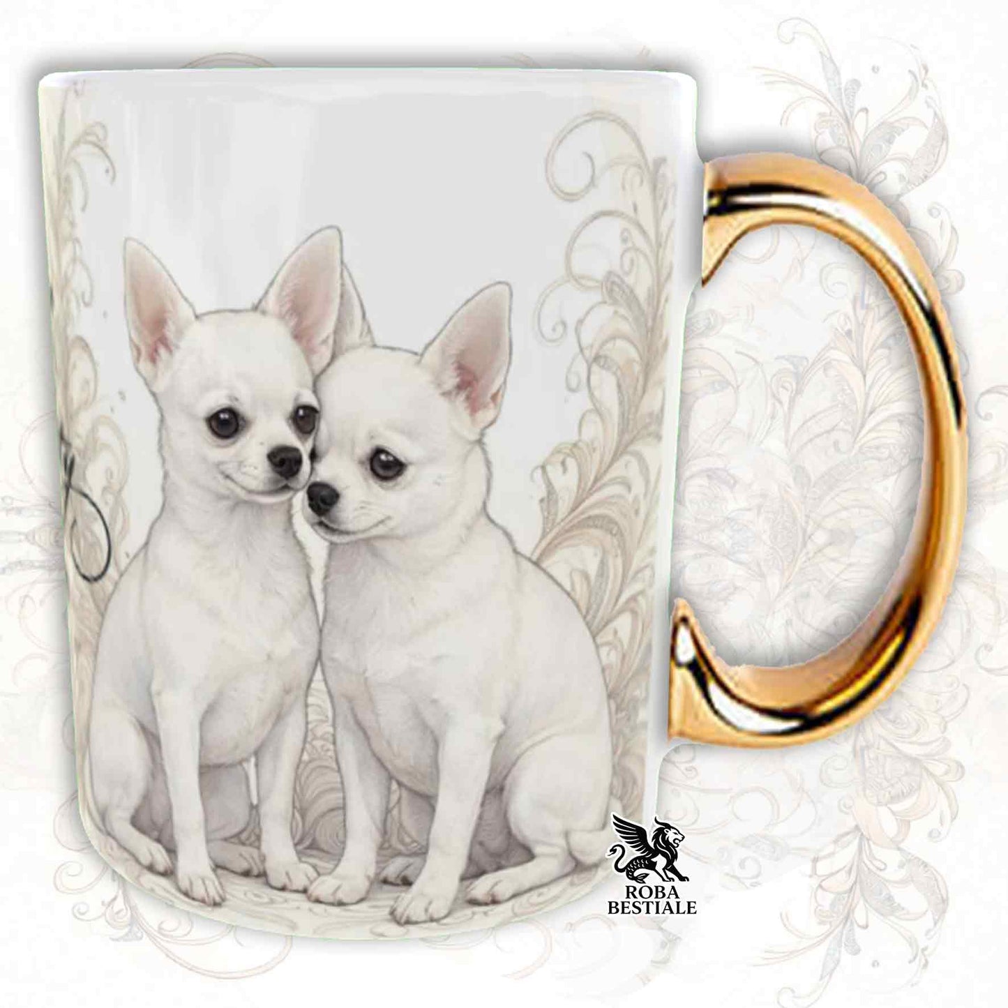 NOBILITY Mug - White Smooth-Haired CHIHUAHUA - GOLD Handle - 330 ml - Ceramic