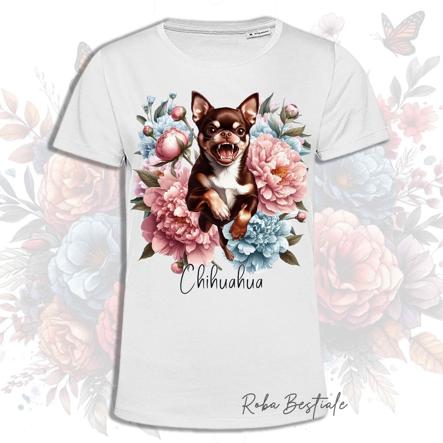 T-Shirt PEONY - CHIHUAHUA a Pelo Corto Cioccolato - Bianca o Beige, Uomo o Donna, dalla XS alla 5XL